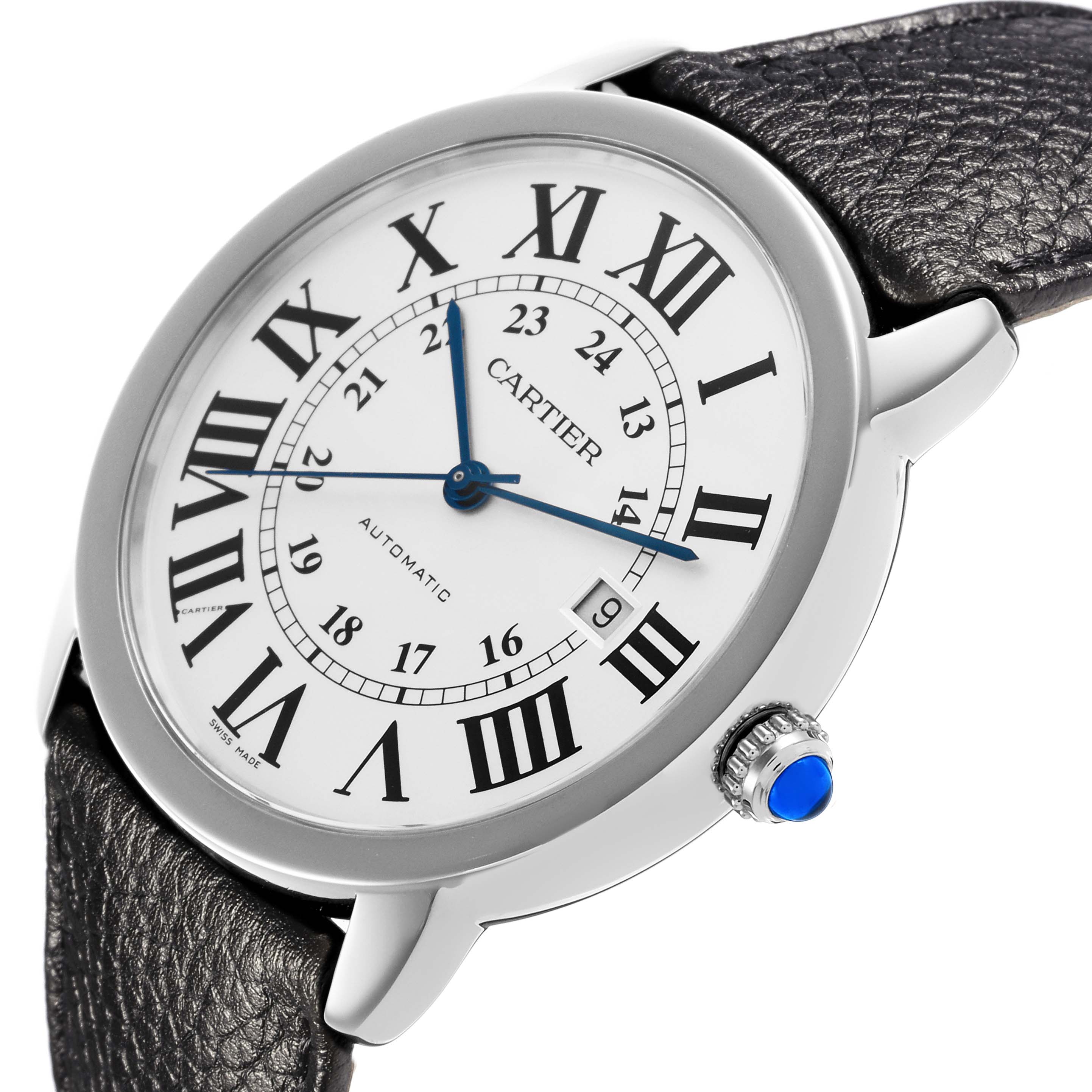 The Cartier Ronde WSRN0022 Men
s Stainless Steel Silver Dial WSRN0022 Men
s Stainless Steel Silver Dial watch is shown at an angled view, highlighting the face, crown, and partial strap.