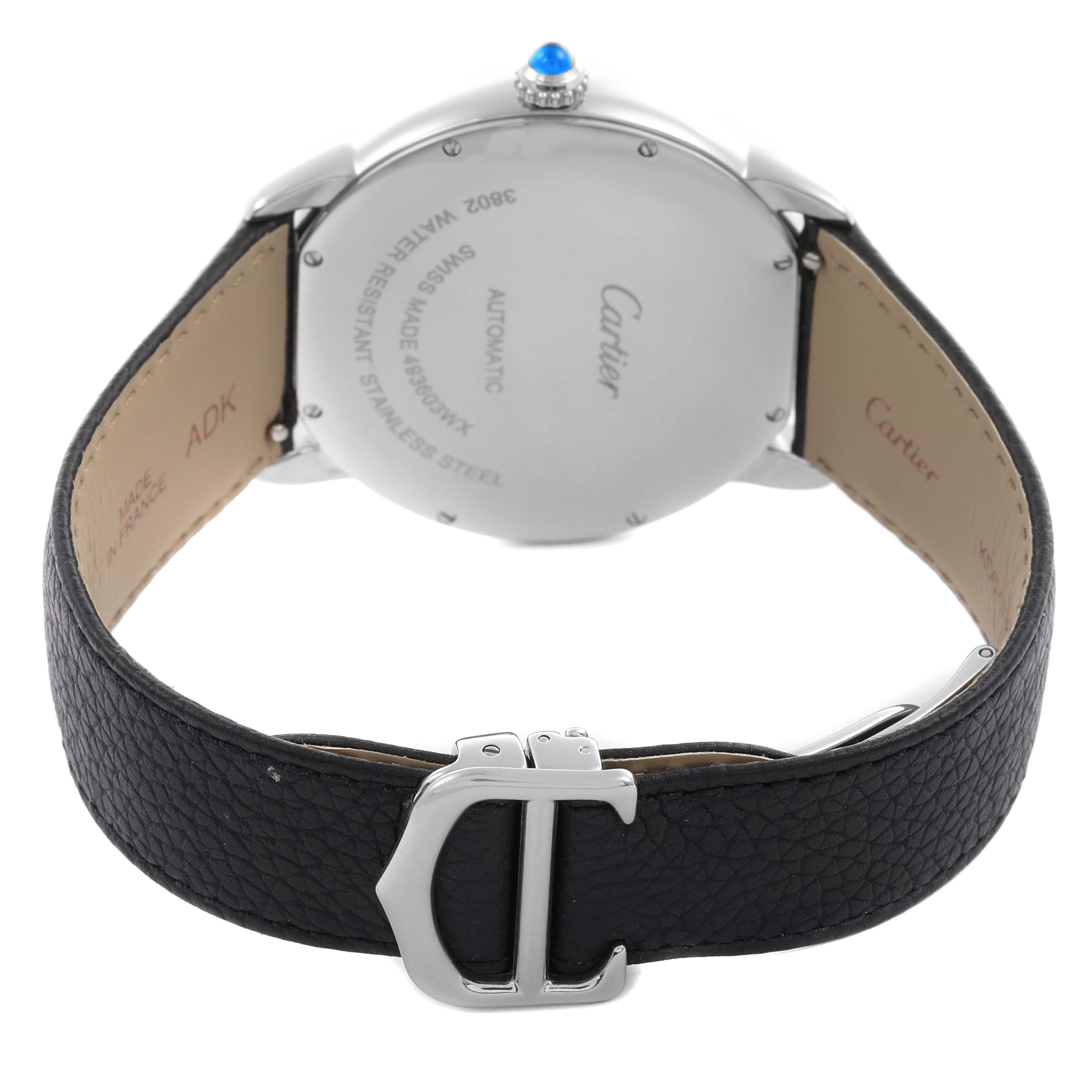 The image shows the back of the Cartier Ronde WSRN0022 Men
s Stainless Steel Silver Dial WSRN0022 Men
s Stainless Steel Silver Dial watch, including the black leather strap and buckle.