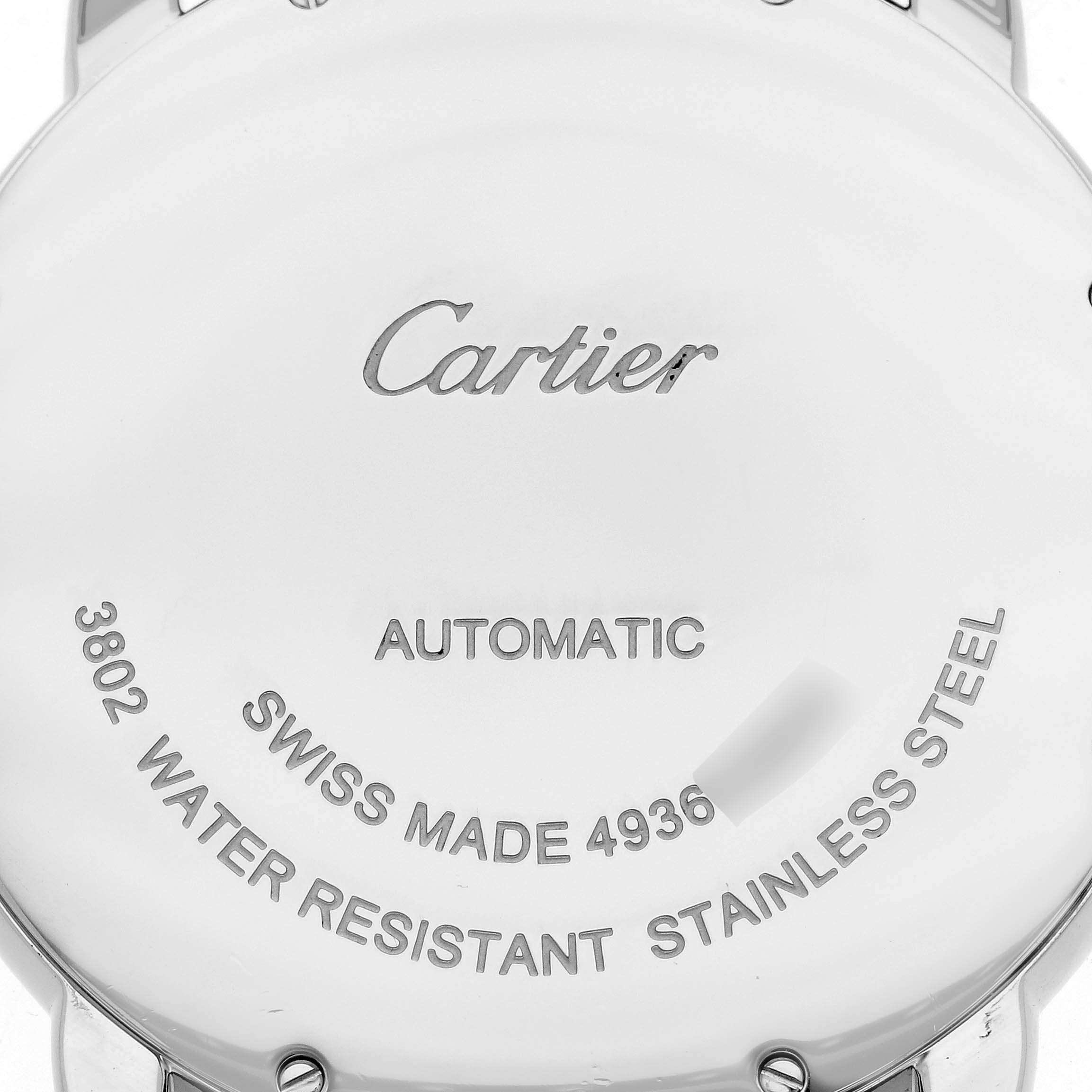 The image shows the back of a Cartier Ronde WSRN0022 Men
s Stainless Steel Silver Dial WSRN0022 Men
s Stainless Steel Silver Dial watch, highlighting its automatic movement and water resistance details.