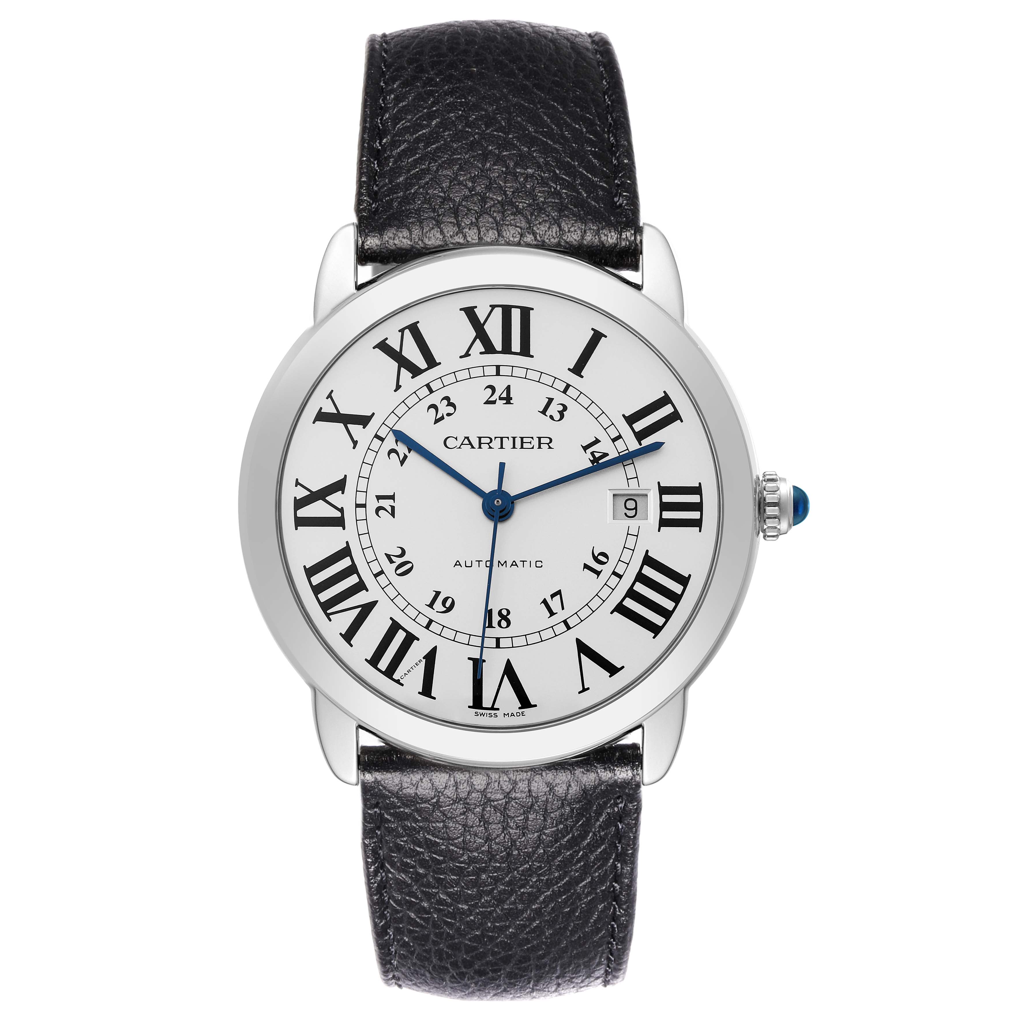 The Cartier Ronde WSRN0022 Men
s Stainless Steel Silver Dial WSRN0022 Men
s Stainless Steel Silver Dial watch is shown from a front angle, displaying the full face, Roman numerals, and black leather strap.