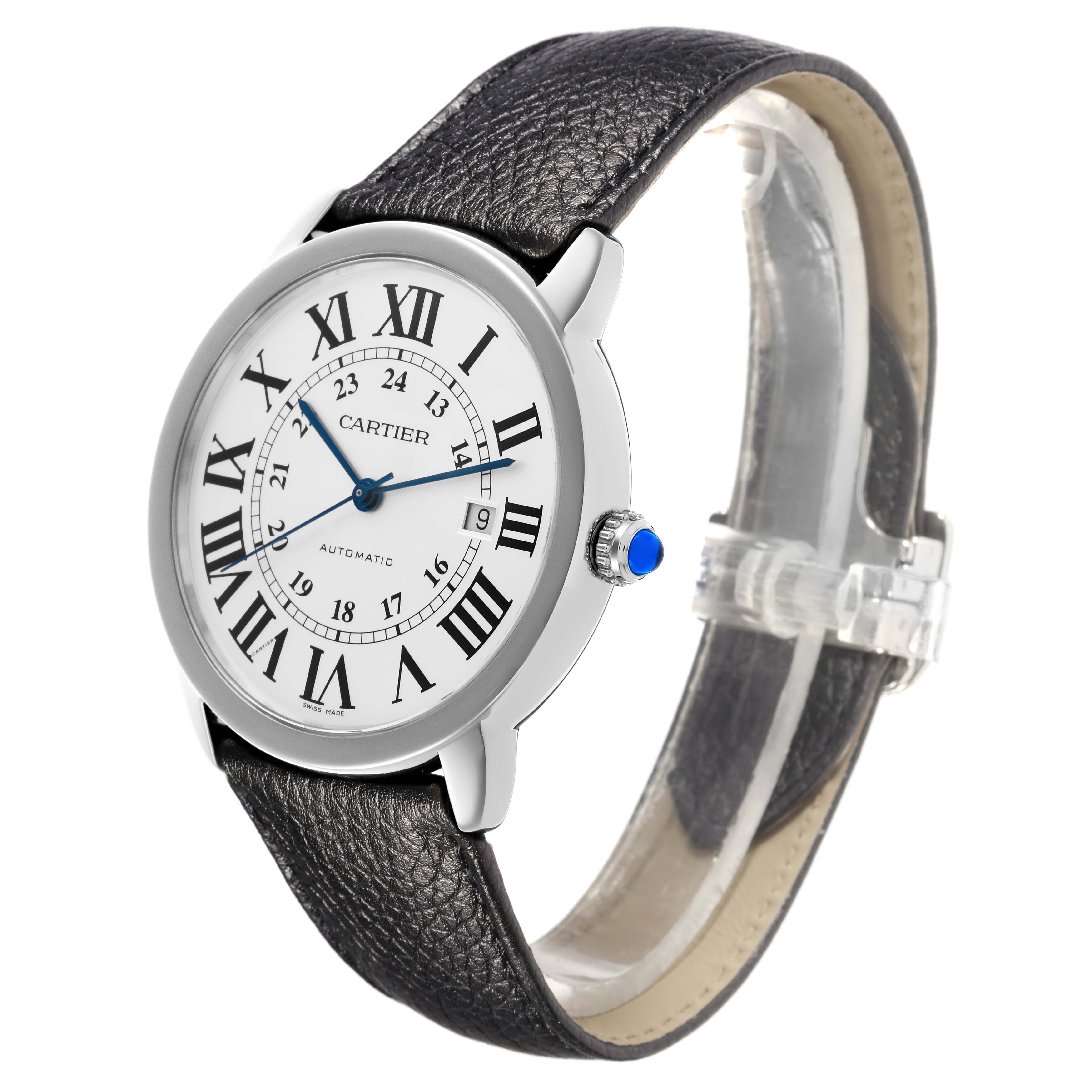 The Cartier Ronde WSRN0022 Men
s Stainless Steel Silver Dial WSRN0022 Men
s Stainless Steel Silver Dial watch is shown at an oblique angle, displaying the face, strap, and crown.