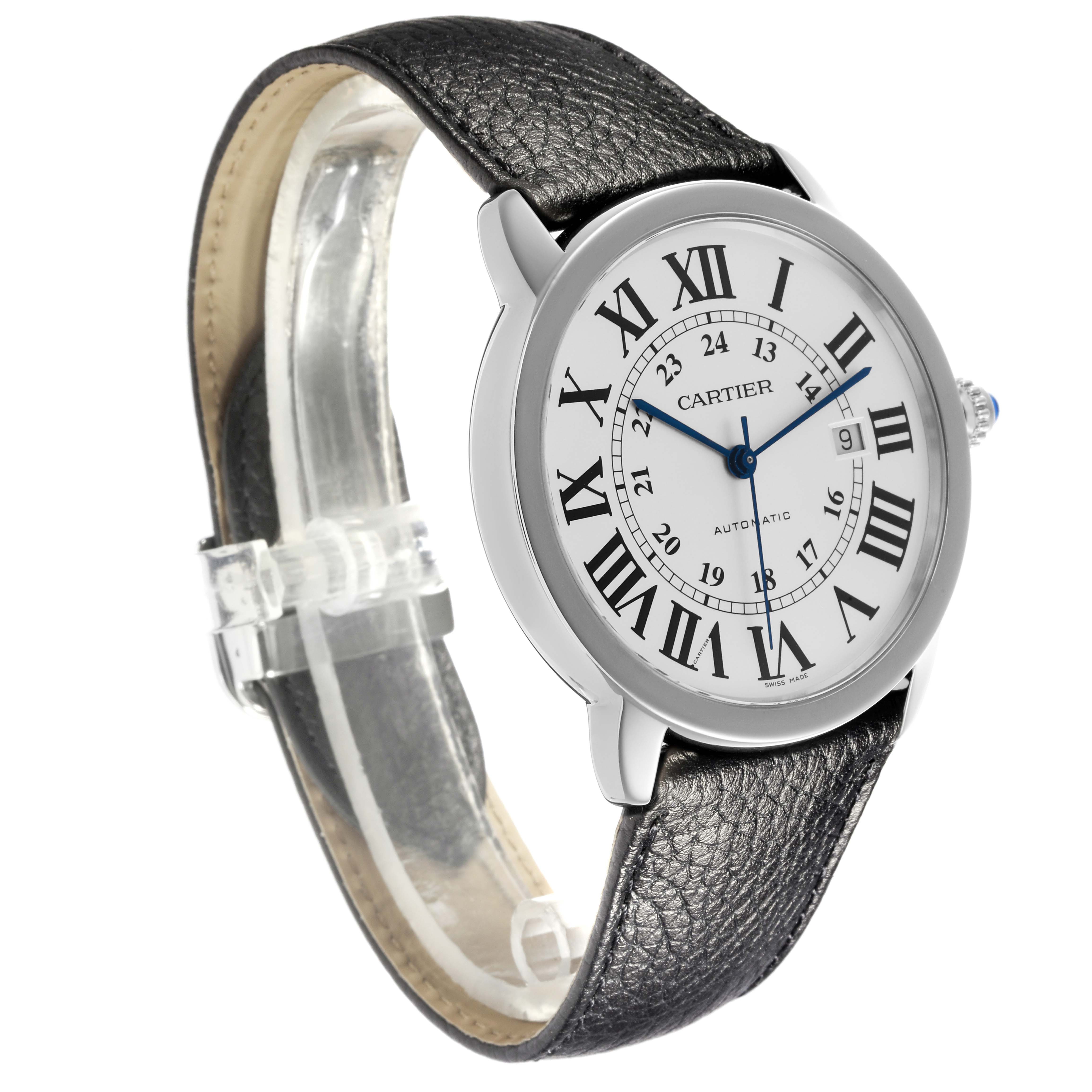 The Cartier Ronde WSRN0022 Men
s Stainless Steel Silver Dial WSRN0022 Men
s Stainless Steel Silver Dial watch is shown at a front angle highlighting the face, black leather strap, and part of the crown.