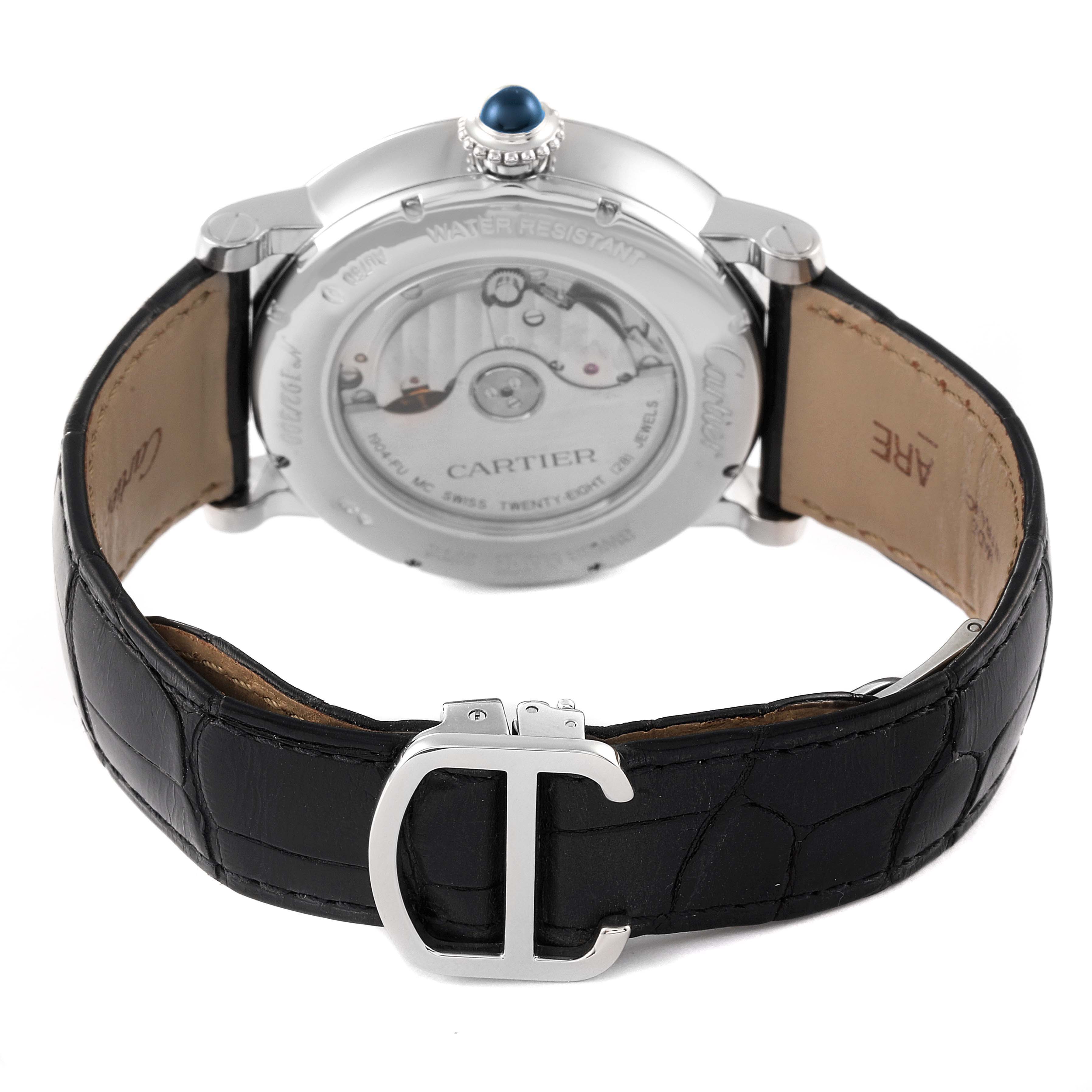 This image shows the back of a Cartier Rotonde W1556241 Men's White Gold Blue Dial W1556241 Men's White Gold Blue Dial watch, highlighting the movement, sapphire crown, and black leather strap with Cartier clasp.