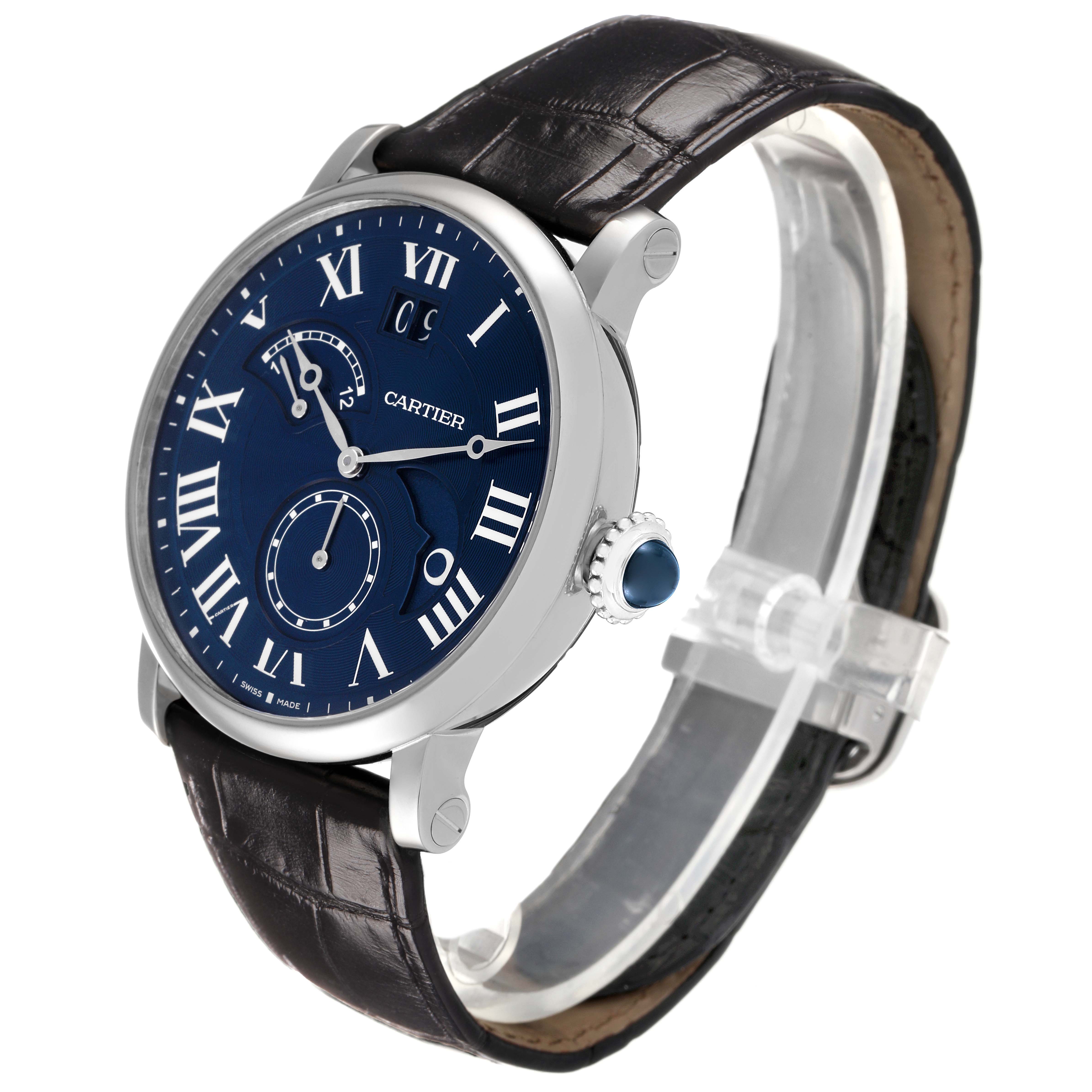 The Cartier Rotonde W1556241 Men's White Gold Blue Dial watch is shown at a three-quarter angle, displaying its face, Roman numerals, subdials, and leather strap.