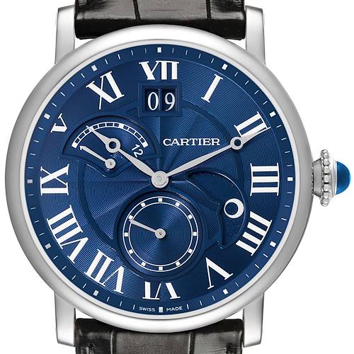 The Cartier Rotonde W1556241 Men's White Gold Blue Dial model is shown from the front, highlighting its blue dial, Roman numerals, sub-dials, and crown with a blue cabochon.
