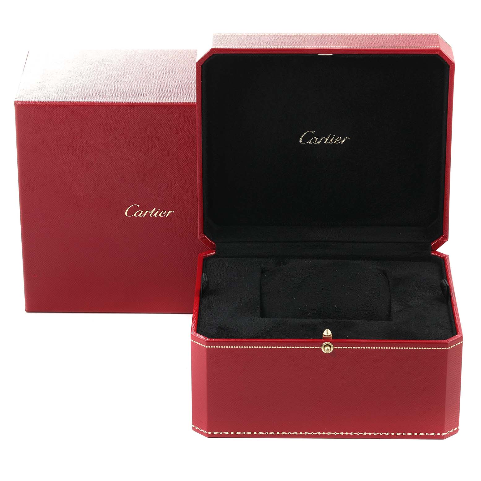 A red and black Cartier box for the Rotonde model watch, shown from the front with the lid open.