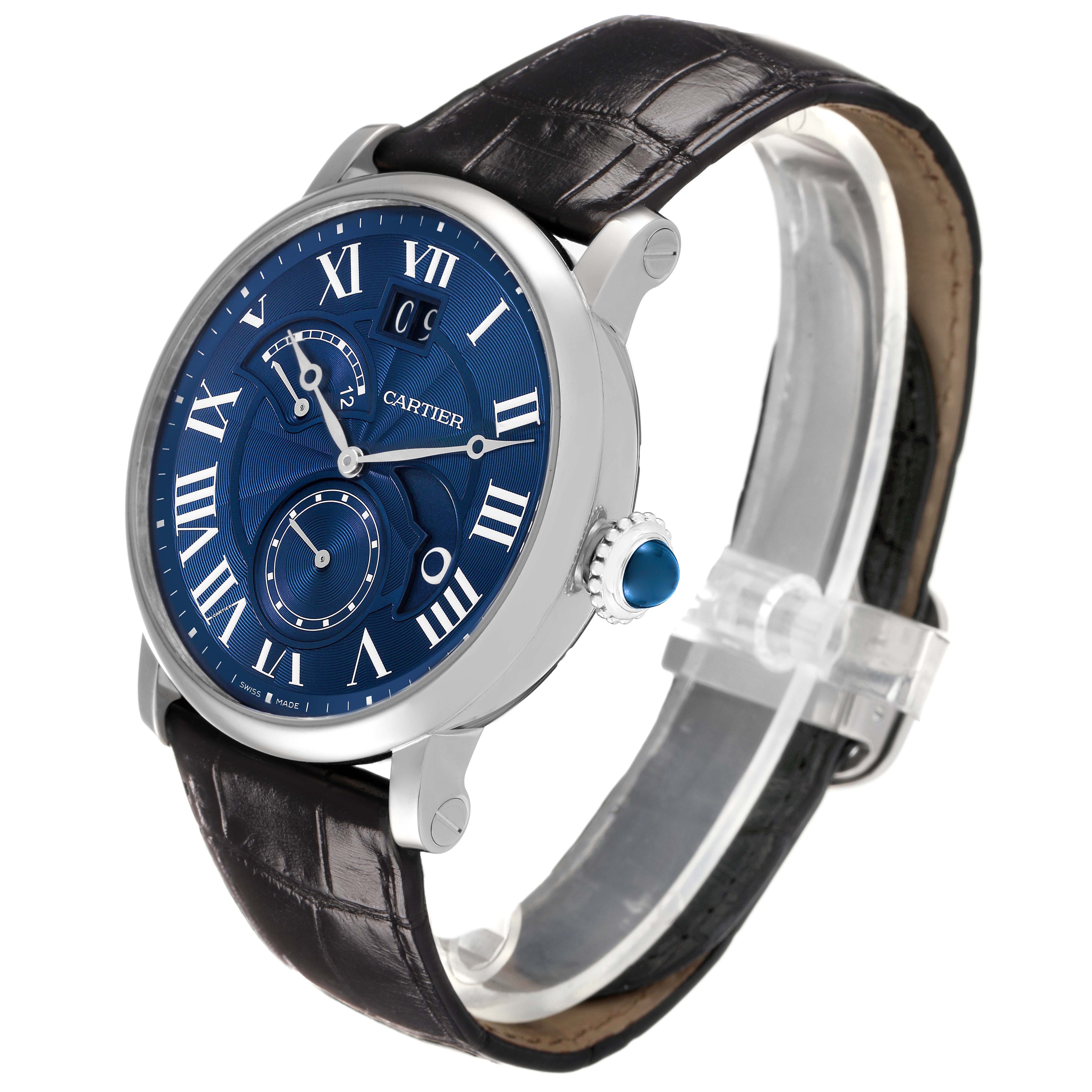 The Cartier Rotonde W1556241 Men's White Gold Blue Dial watch is shown from a three-quarter front angle, highlighting the blue dial, roman numerals, and leather strap.