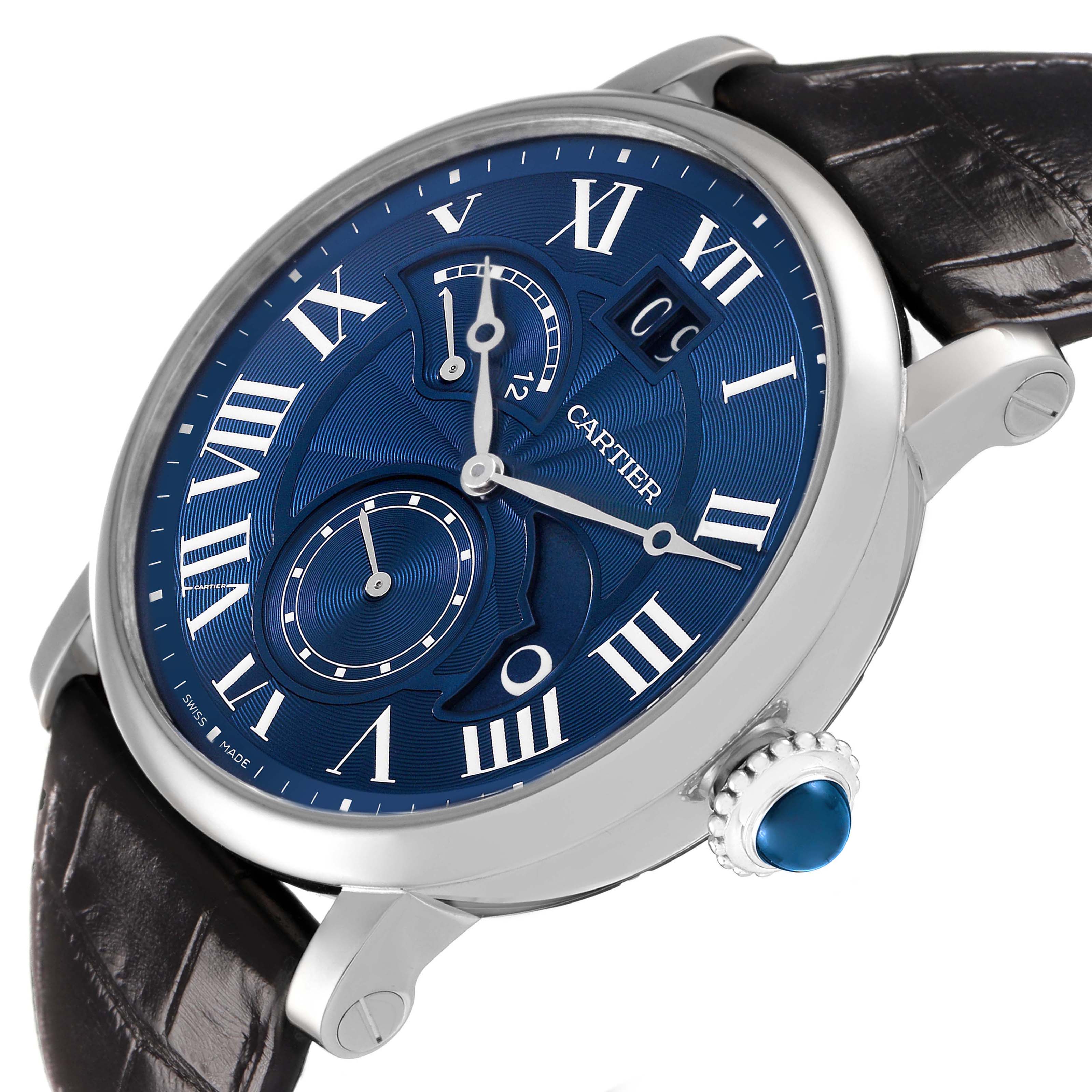 The Cartier Rotonde W1556241 Men's White Gold Blue Dial watch is shown at a slight side angle revealing the face, crown, and strap connection.