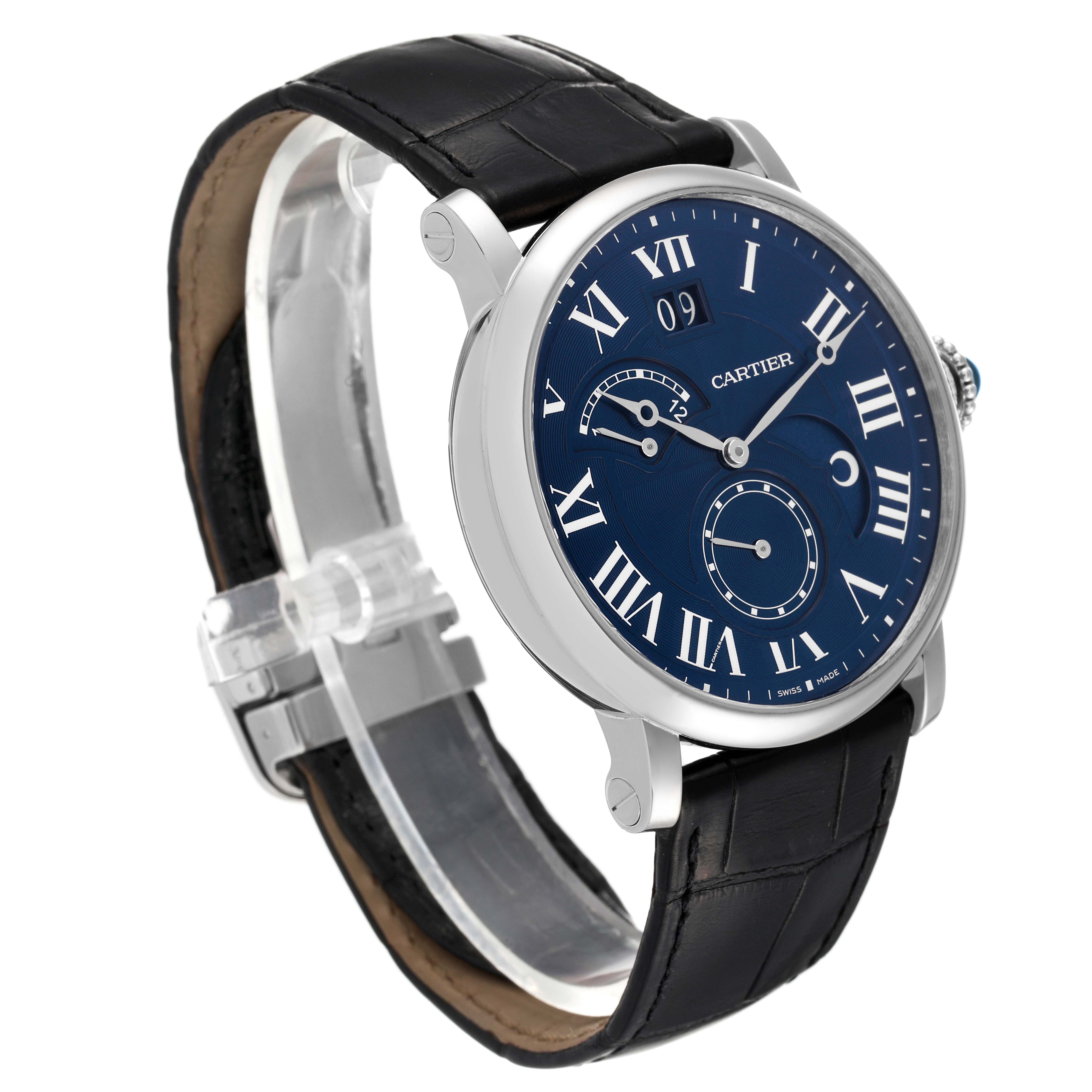 The image shows a Cartier Rotonde W1556241 Men's White Gold Blue Dial W1556241 Men's White Gold Blue Dial watch from an angled front view, highlighting its dial, case, and leather strap.