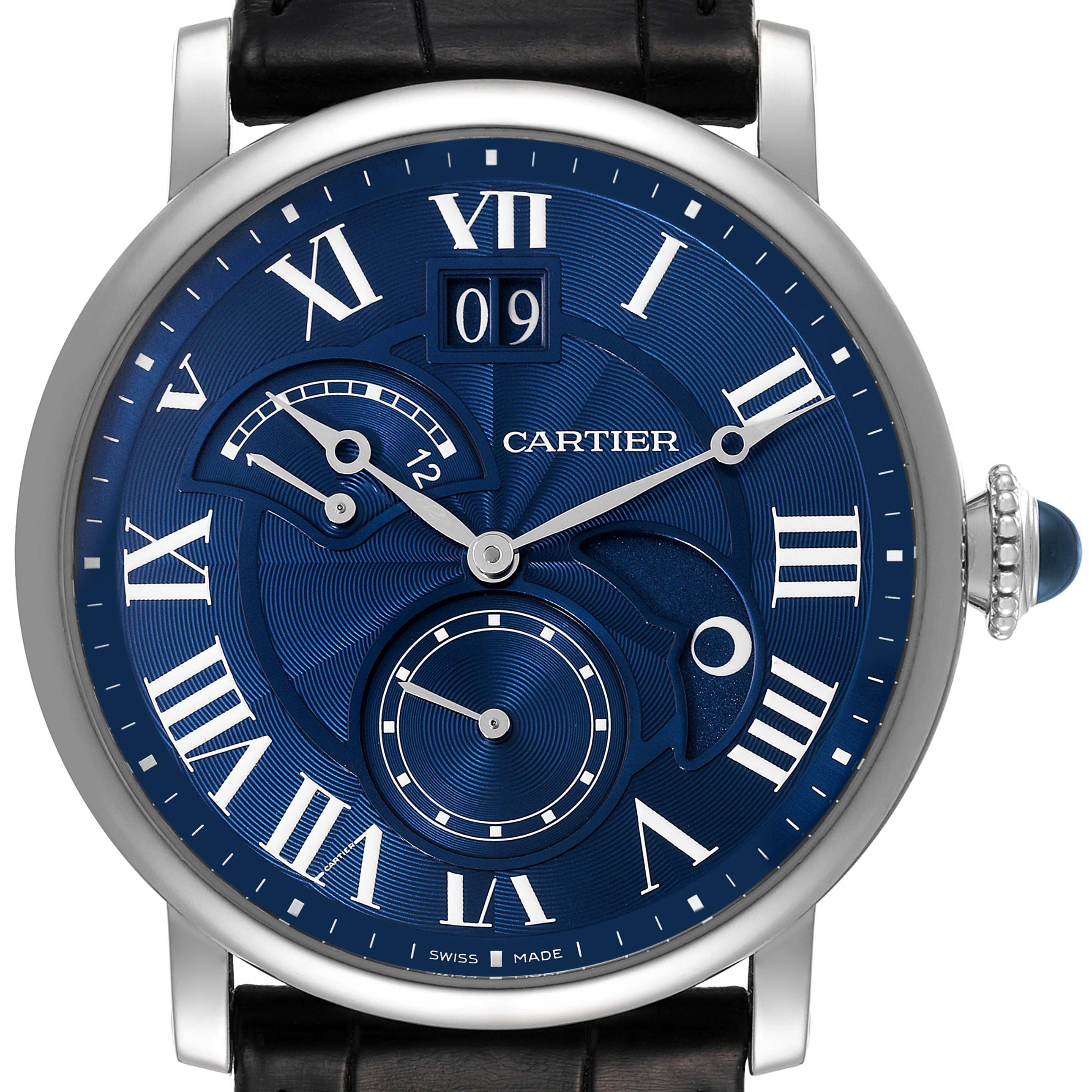 The image shows a frontal view of a Cartier Rotonde W1556241 Men's White Gold Blue Dial W1556241 Men's White Gold Blue Dial model watch with a blue dial and Roman numerals.