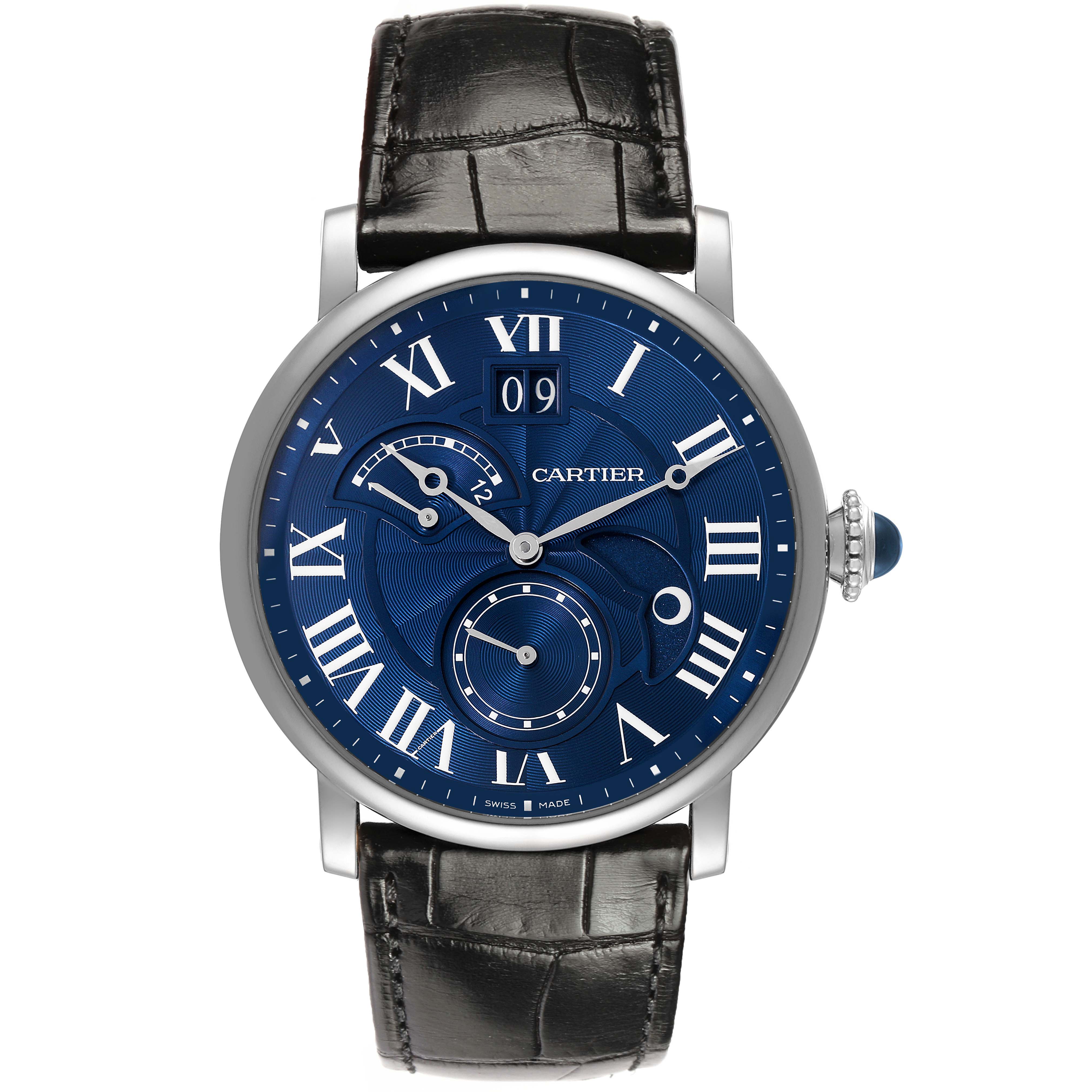 The Cartier Rotonde W1556241 Men's White Gold Blue Dial watch is shown from the front, highlighting its blue dial, Roman numerals, subdials, and black leather strap.