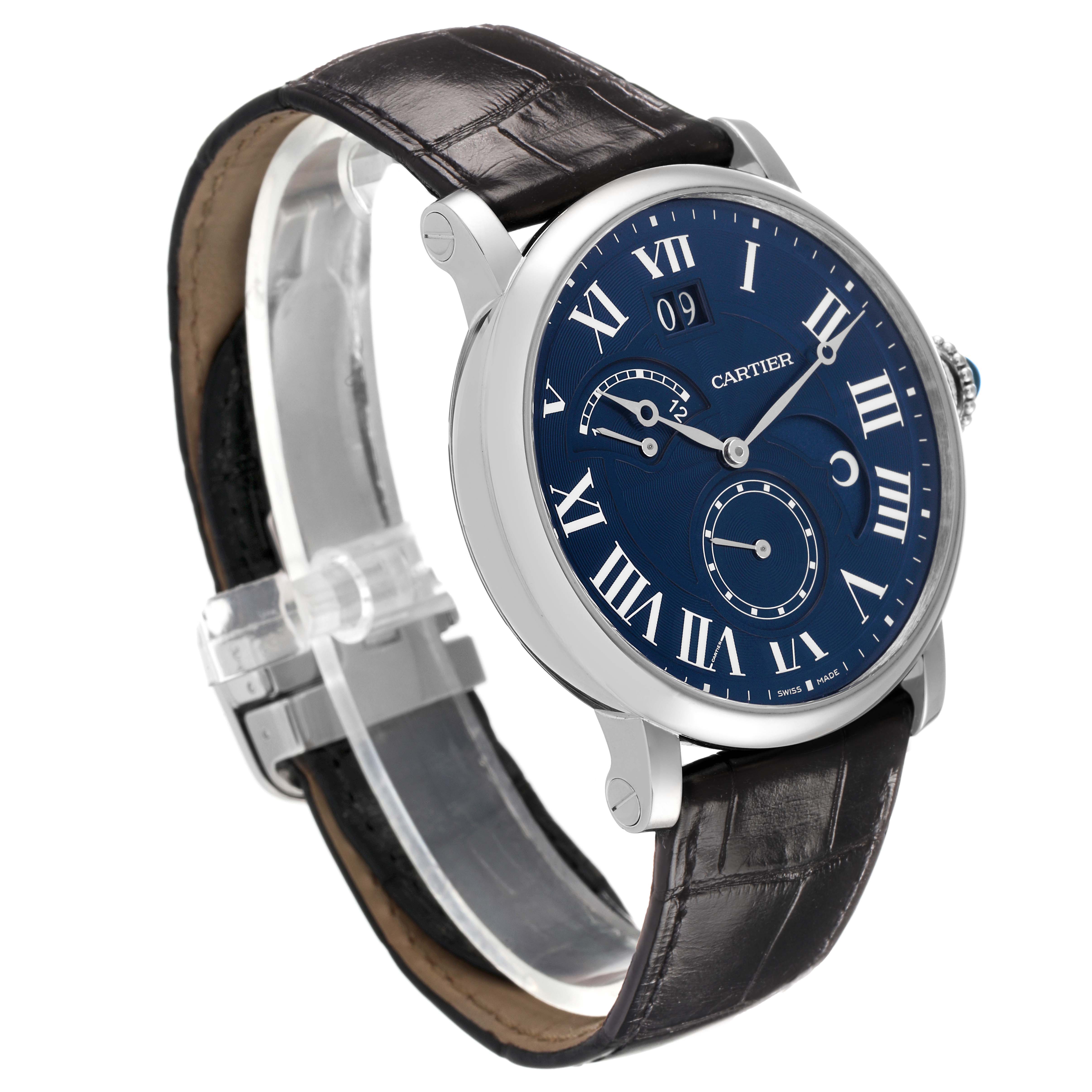 The Cartier Rotonde W1556241 Men's White Gold Blue Dial watch is shown at a three-quarter angle, displaying its blue dial, Roman numerals, and leather strap.
