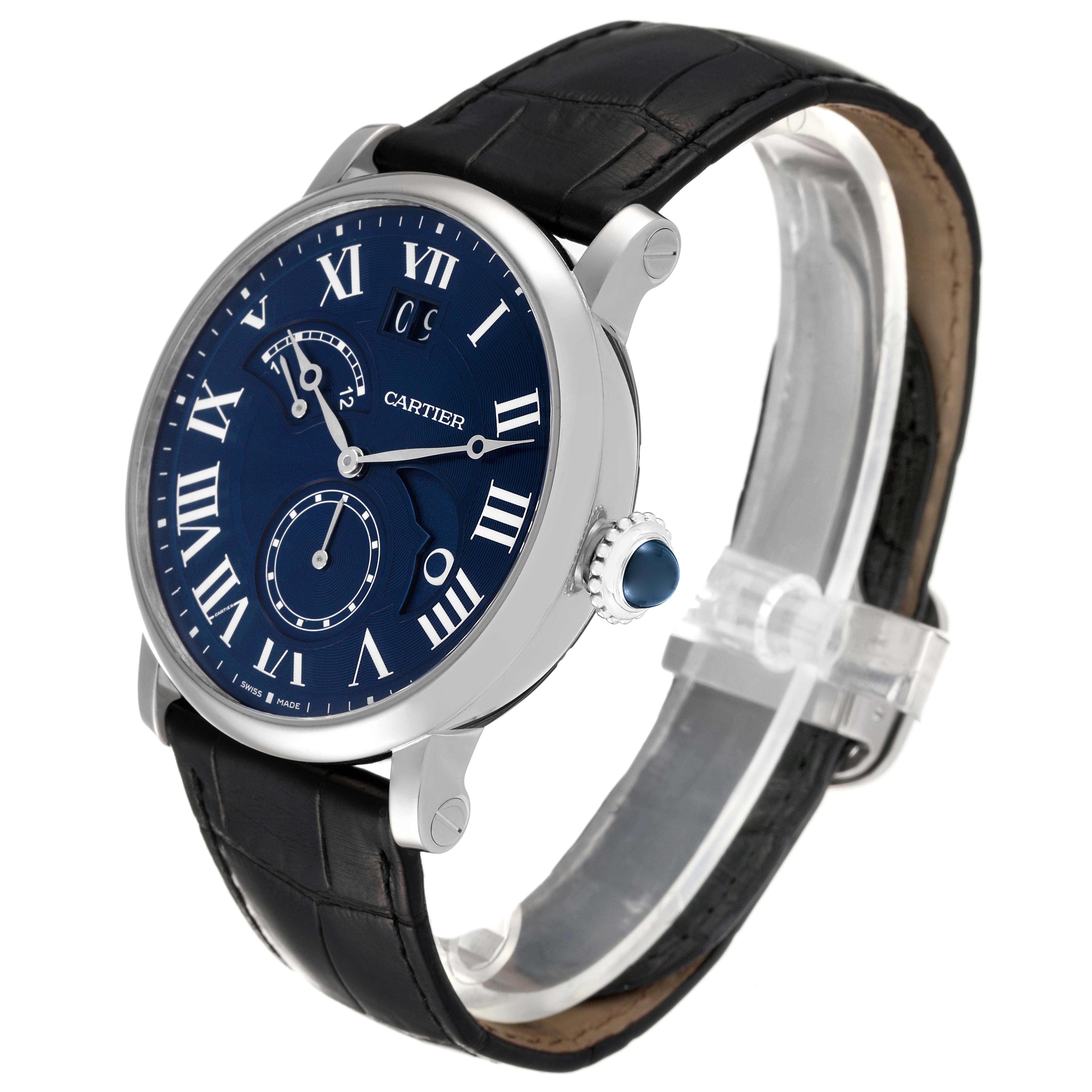 The image shows a Rotonde model by Cartier at an angled side view, displaying the watch face, crown, and strap.