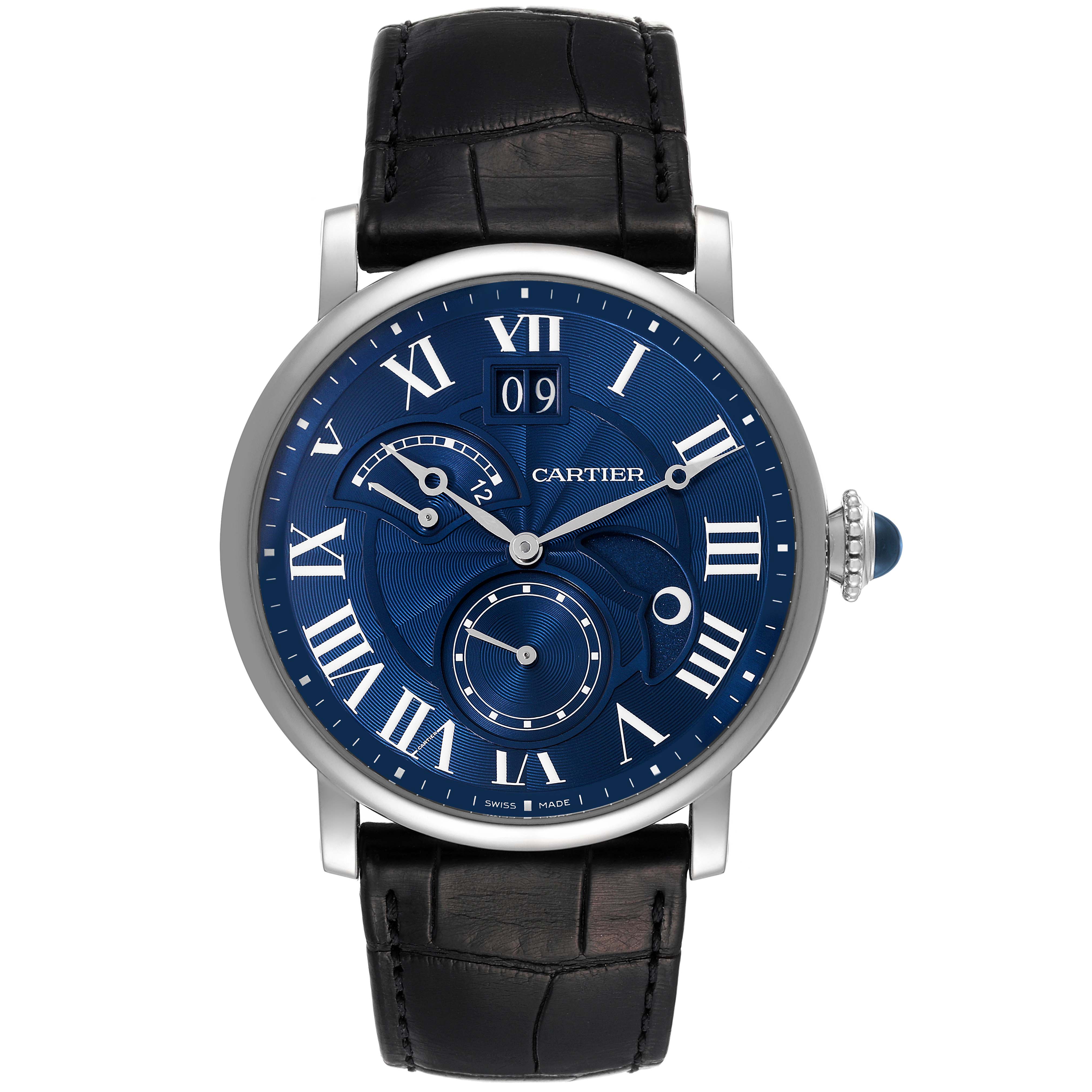 This image shows a frontal view of a Cartier Rotonde W1556241 Men's White Gold Blue Dial W1556241 Men's White Gold Blue Dial watch, displaying its blue dial, Roman numerals, and black leather strap.