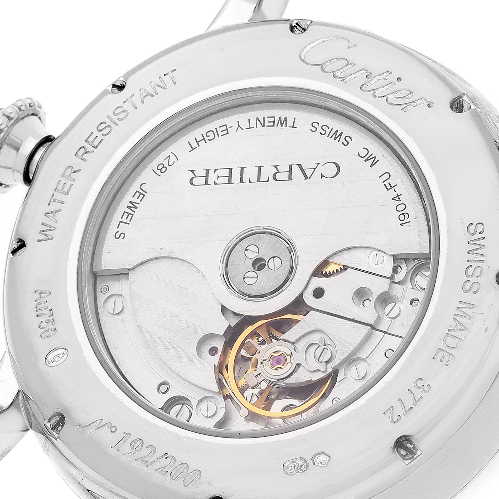 This image shows the rear view of the Rotonde model by Cartier, featuring its exposed mechanical movement and engraved case back.