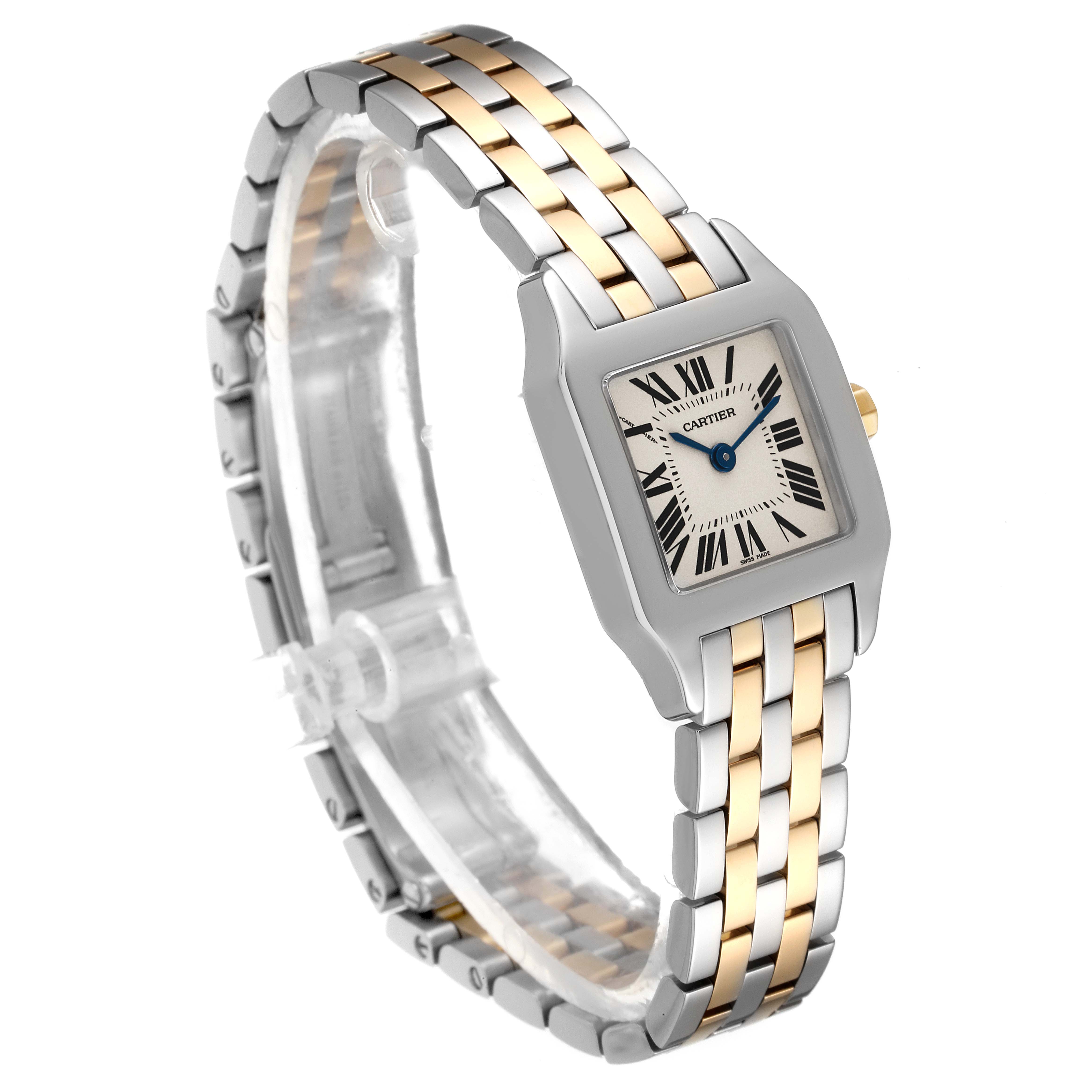 The image shows a Cartier Santos Demoiselle W25066Z6 Women's Steel and Gold (two tone) Silver Dial W25066Z6 Women's Steel and Gold (two tone) Silver Dial watch at an angled side view, highlighting its two-tone bracelet and square face.