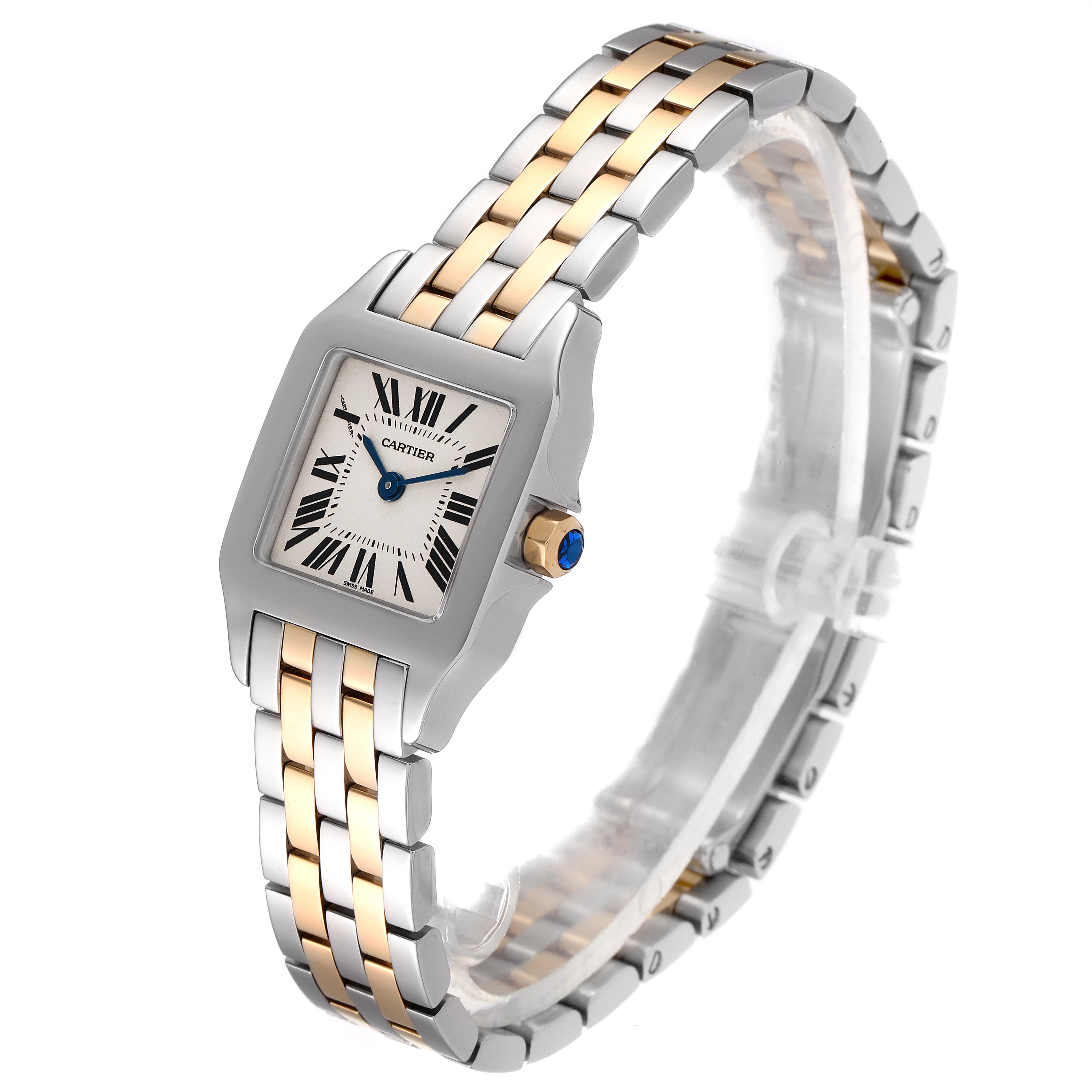 The image shows a Cartier Santos Demoiselle W25066Z6 Women's Steel and Gold (two tone) Silver Dial W25066Z6 Women's Steel and Gold (two tone) Silver Dial watch at a three-quarter angle, displaying the two-tone bracelet, face, and crown.