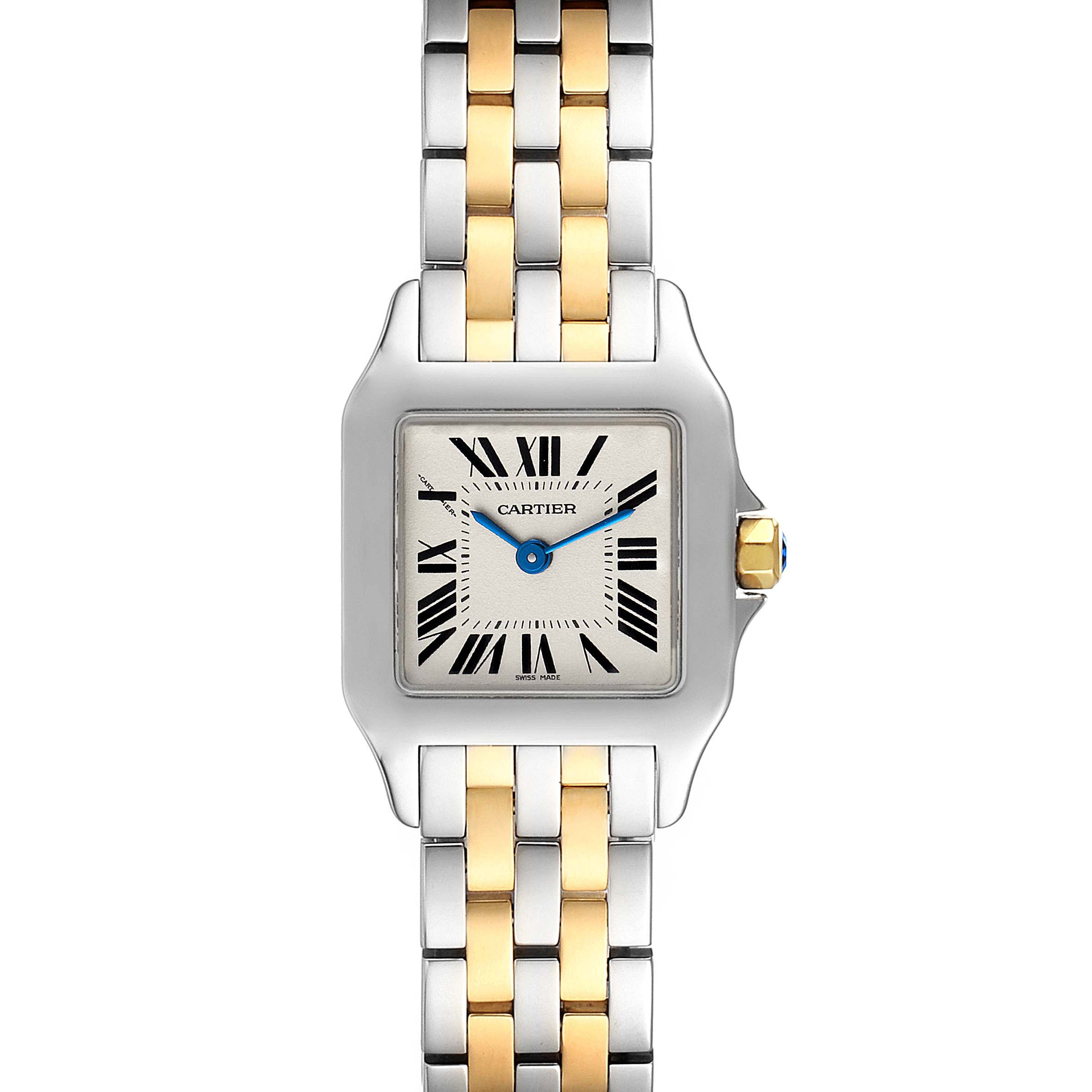 The image shows a Cartier Santos Demoiselle W25066Z6 Women's Steel and Gold (two tone) Silver Dial W25066Z6 Women's Steel and Gold (two tone) Silver Dial watch from a front angle, highlighting its two-tone metal bracelet and square face.