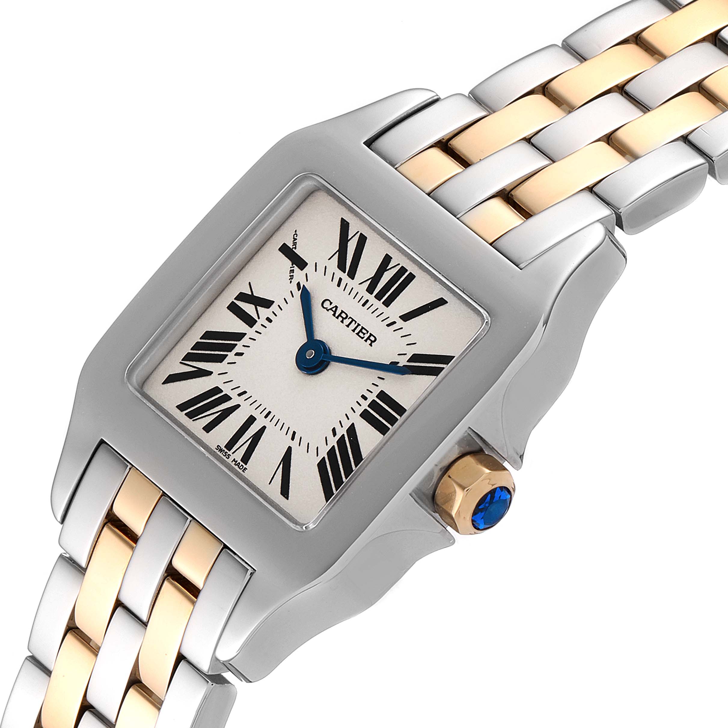 This image shows a close-up angle of the Cartier Santos Demoiselle W25066Z6 Women's Steel and Gold (two tone) Silver Dial W25066Z6 Women's Steel and Gold (two tone) Silver Dial watch, highlighting the face, bezel, bracelet, and crown.