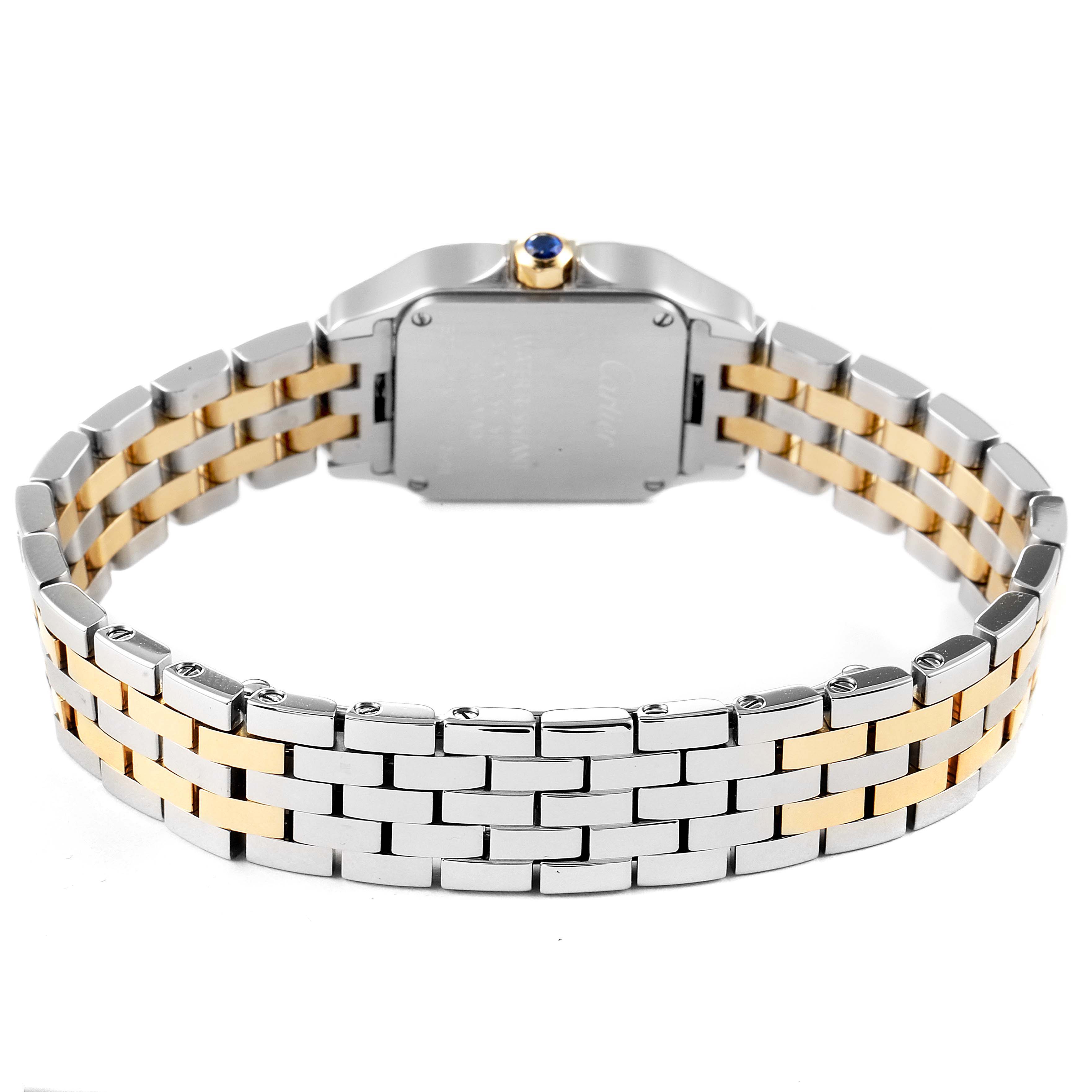 The image shows the backside of the Cartier Santos Demoiselle W25066Z6 Women's Steel and Gold (two tone) Silver Dial W25066Z6 Women's Steel and Gold (two tone) Silver Dial watch, highlighting its bicolor bracelet and case back.