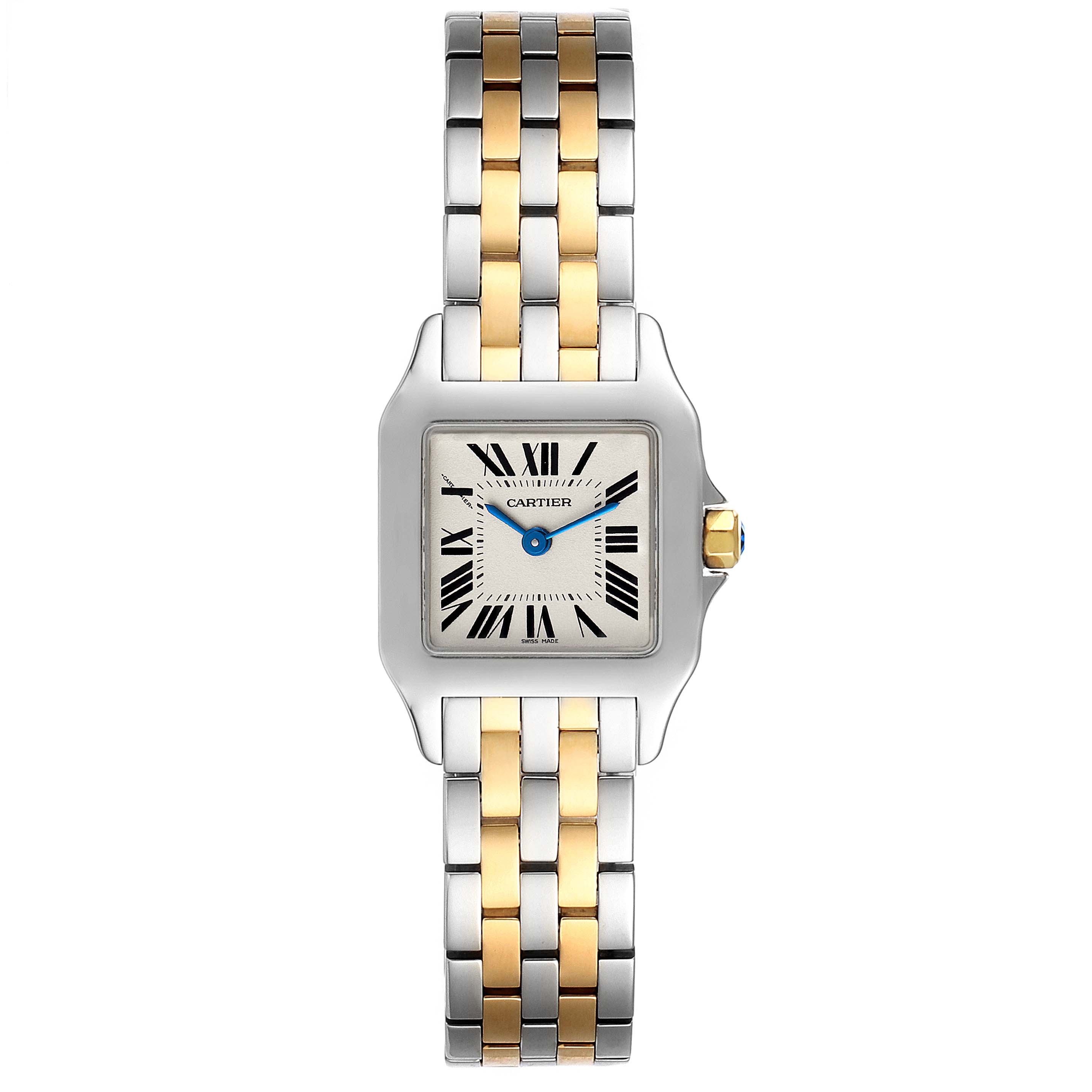 The image shows a frontal view of the Cartier Santos Demoiselle W25066Z6 Women's Steel and Gold (two tone) Silver Dial W25066Z6 Women's Steel and Gold (two tone) Silver Dial watch, displaying its two-tone metal bracelet and square face with Roman numerals.