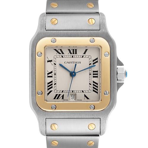 The Cartier Santos watch is shown from the front, displaying its face and part of the bracelet.