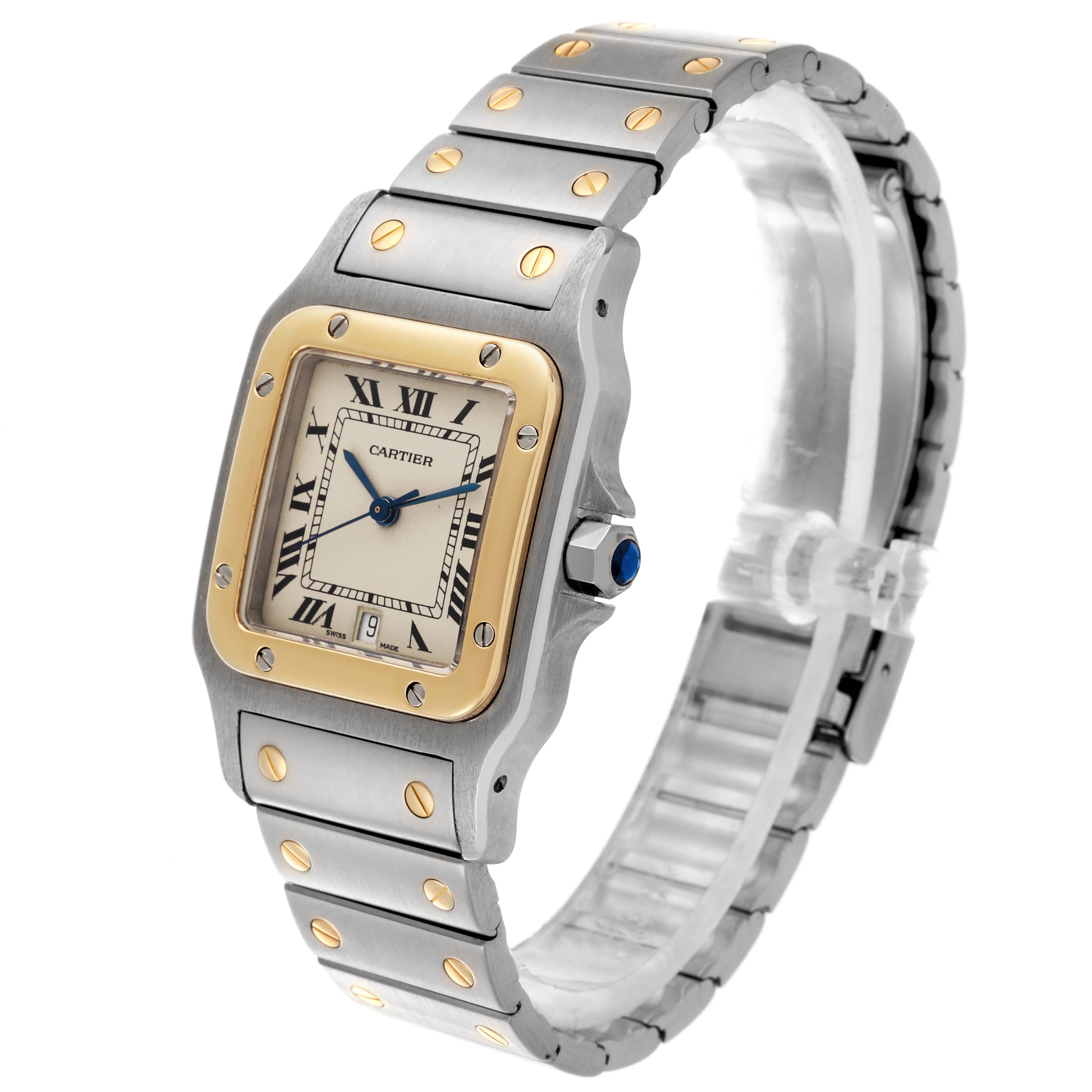 The Cartier Santos W20011C4 Men's Steel and Gold (two tone) Silver Dial W20011C4 Men's Steel and Gold (two tone) Silver Dial watch is shown at a three-quarter angle, highlighting its case, bezel, dial, and bracelet.