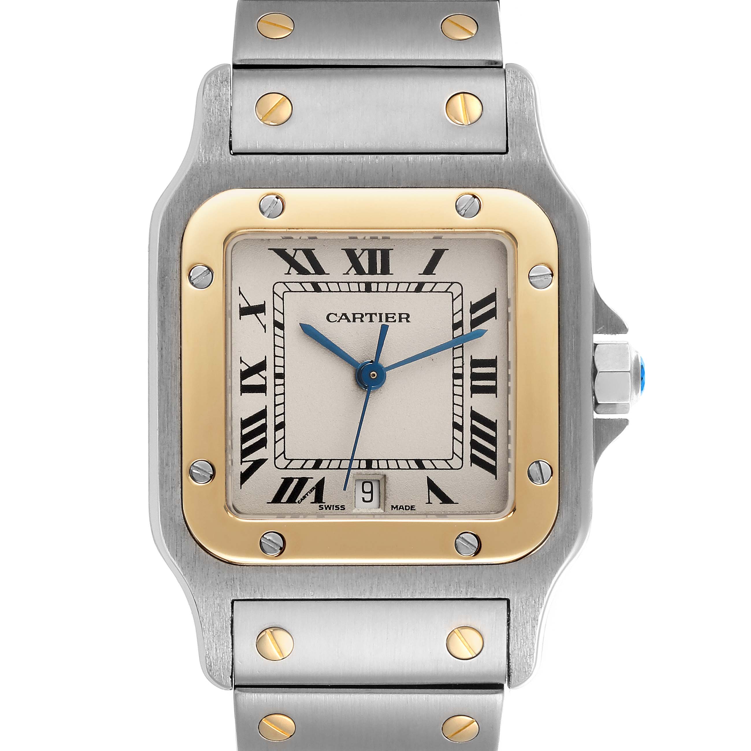 The Cartier Santos W20011C4 Men's Steel and Gold (two tone) Silver Dial W20011C4 Men's Steel and Gold (two tone) Silver Dial watch is shown from a front angle, highlighting the face, bezel, and part of the bracelet.