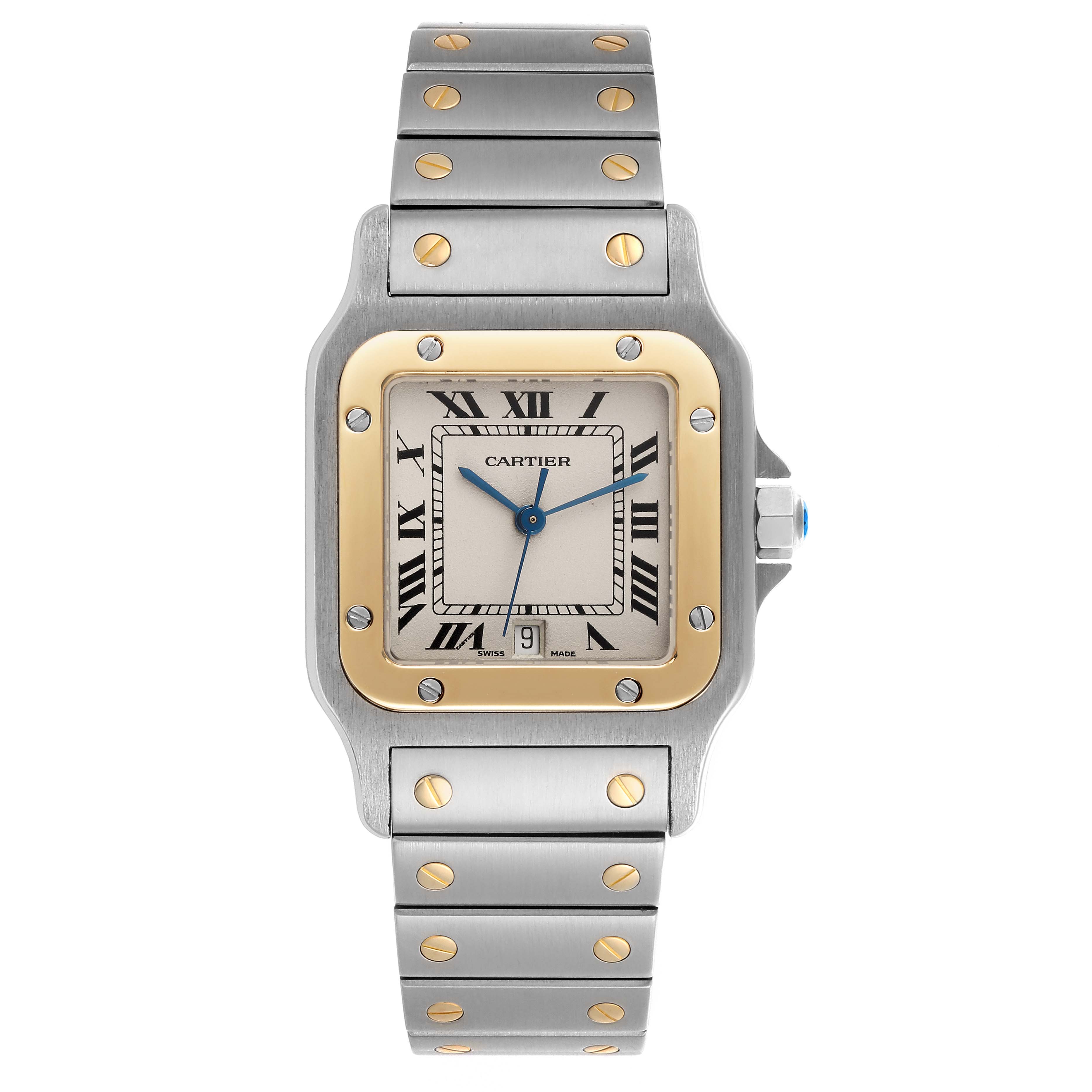 The Cartier Santos W20011C4 Men's Steel and Gold (two tone) Silver Dial W20011C4 Men's Steel and Gold (two tone) Silver Dial watch is shown from a front view, displaying its face, bezel, and bracelet.