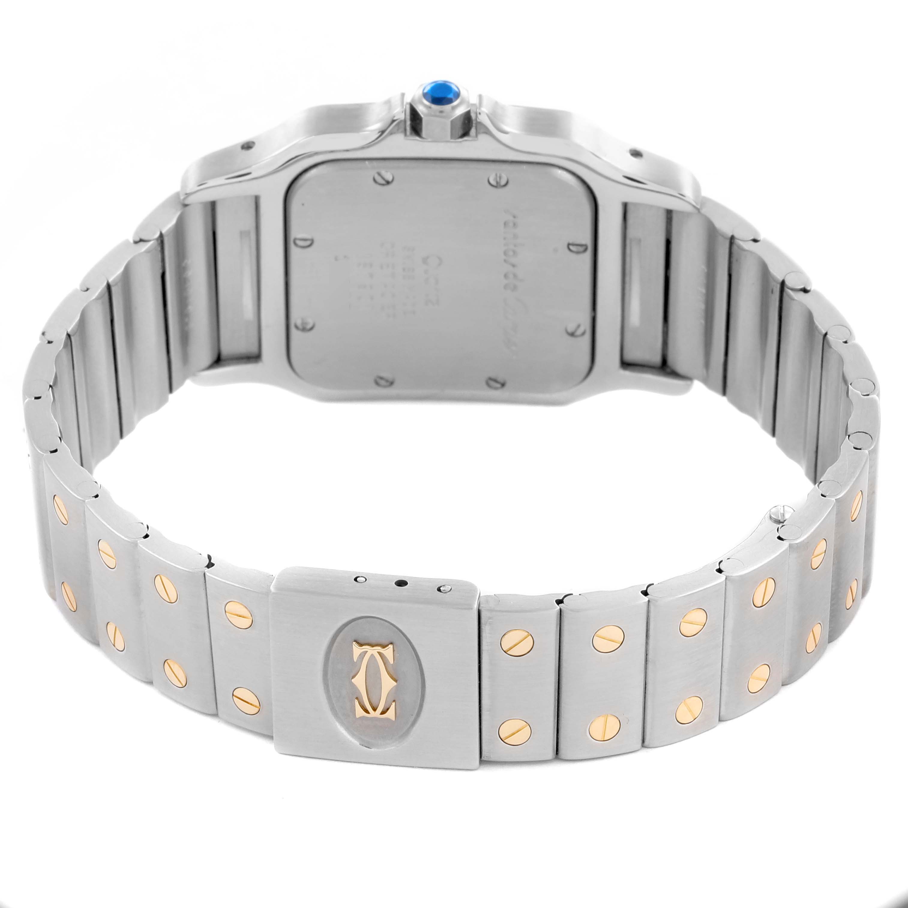 The image shows the back and bracelet of a Cartier Santos W20011C4 Men's Steel and Gold (two tone) Silver Dial W20011C4 Men's Steel and Gold (two tone) Silver Dial watch, highlighting its stainless steel design and gold screws.
