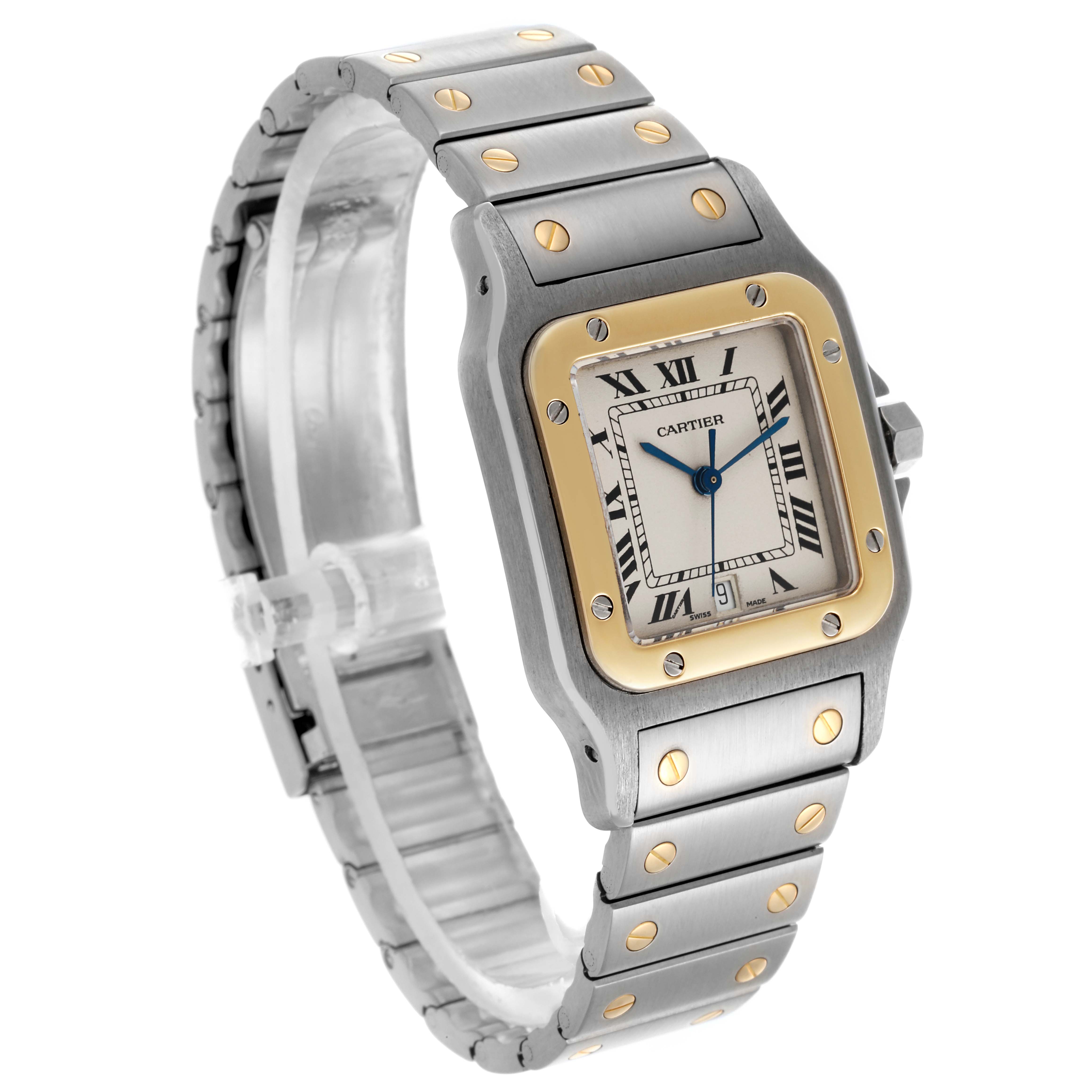 The Cartier Santos W20011C4 Men's Steel and Gold (two tone) Silver Dial W20011C4 Men's Steel and Gold (two tone) Silver Dial watch is shown at an angle, highlighting the face, bezel, and part of the bracelet.
