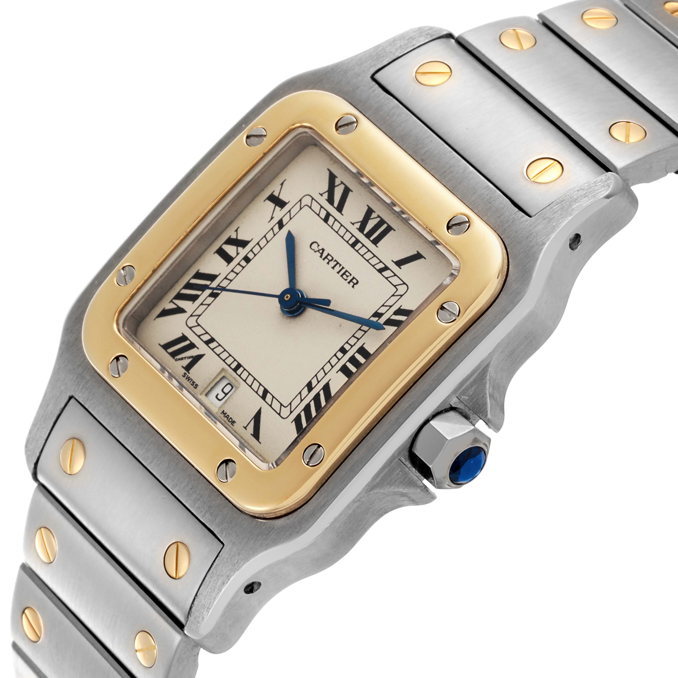 The Cartier Santos W20011C4 Men's Steel and Gold (two tone) Silver Dial W20011C4 Men's Steel and Gold (two tone) Silver Dial watch is shown from an angled side view featuring the dial, bezel, crown, and bracelet.