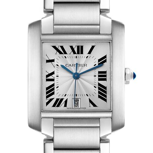 The Cartier Tank Francaise watch is shown from a top view, highlighting the rectangular face, bracelet, and crown with a blue cabochon.