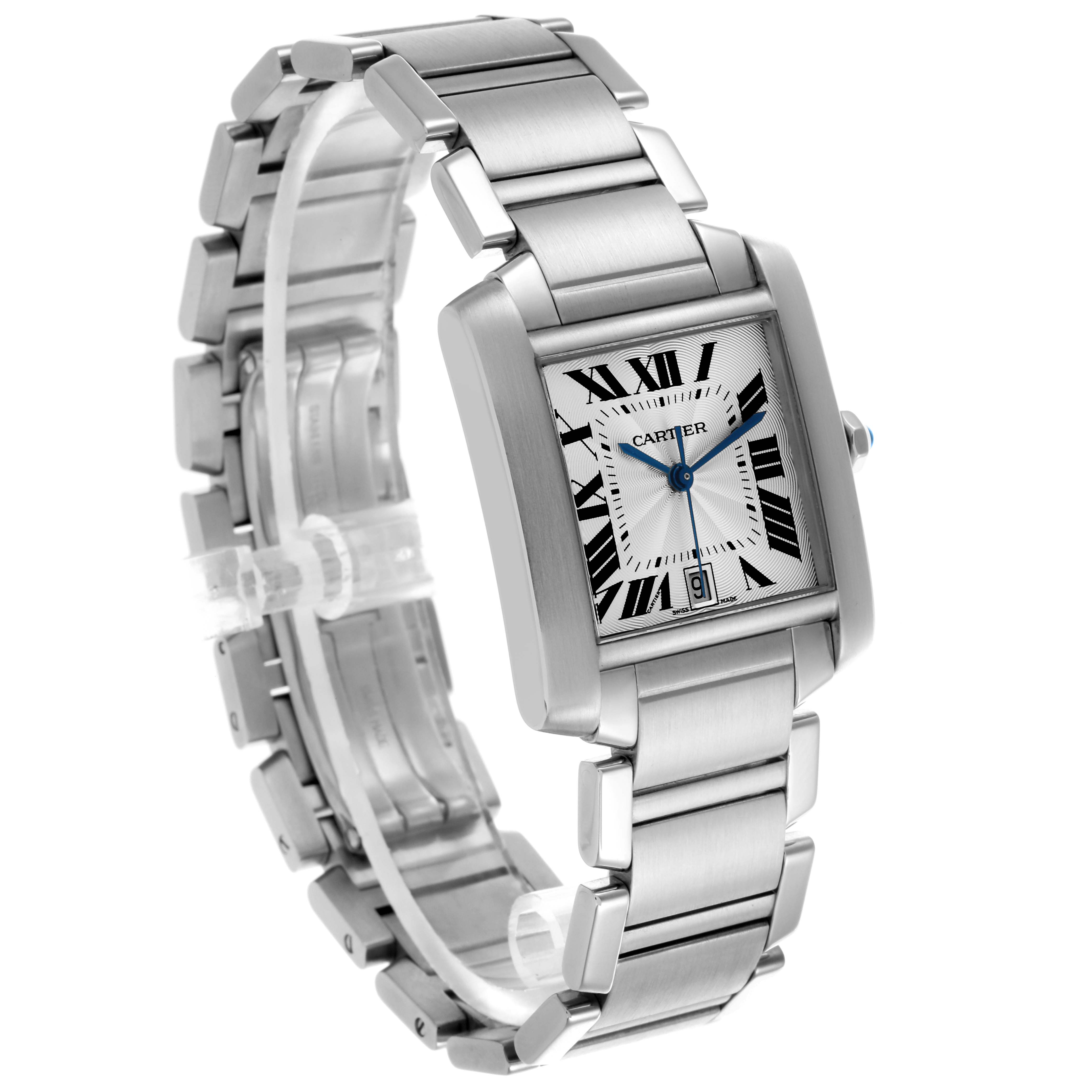 The Cartier Tank Française watch is shown at a three-quarter angle, highlighting the face and bracelet.