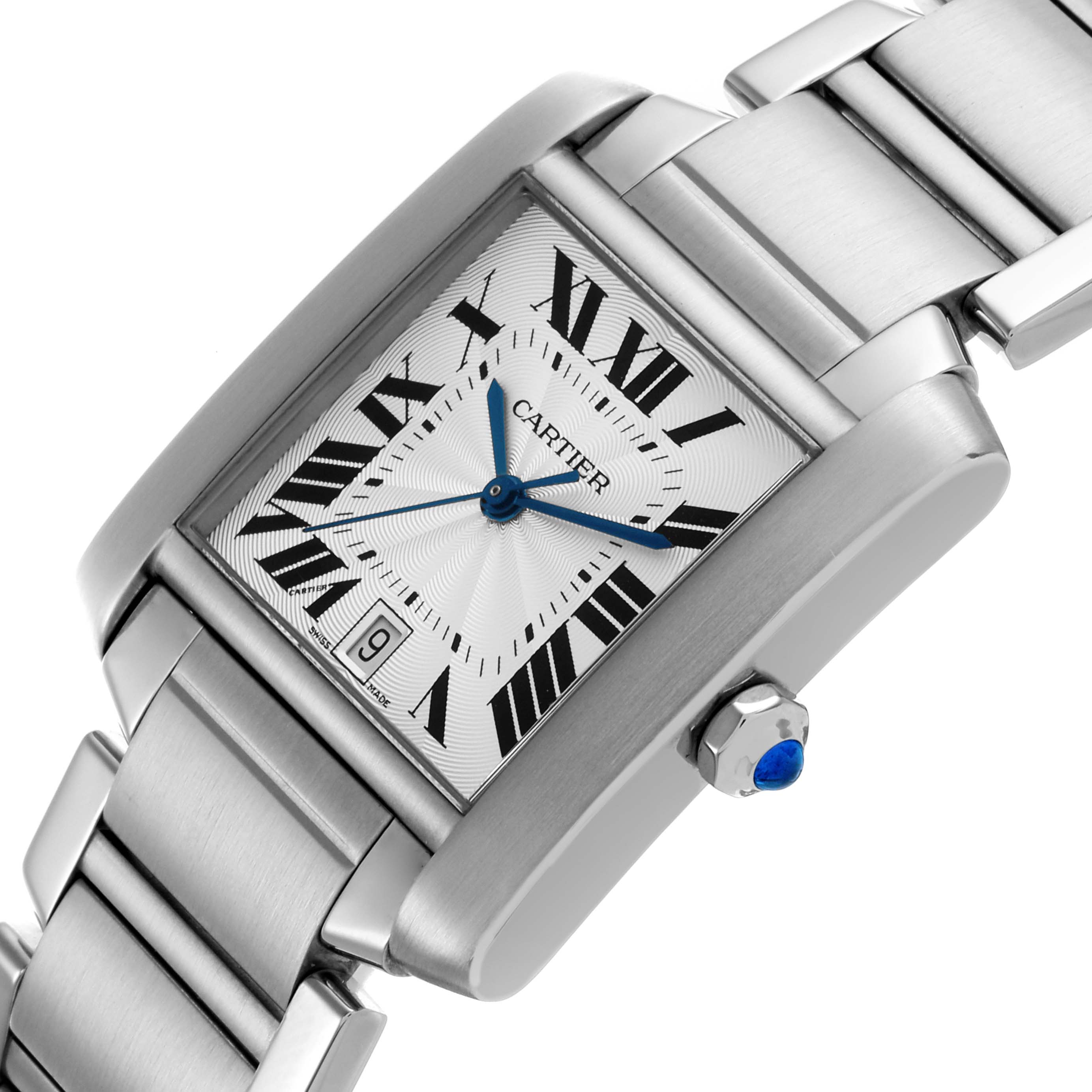 The Cartier Tank Française watch is shown at an angled view, highlighting the face, crown, and bracelet.
