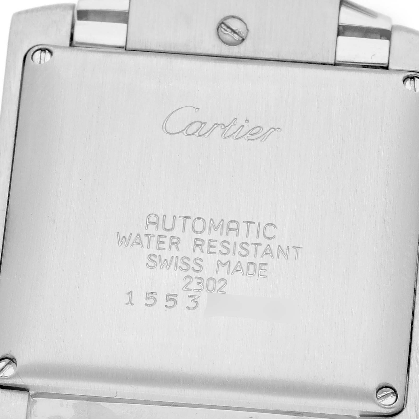 The image shows the back of the Cartier Tank Francaise W51002Q3 Men
s Stainless Steel Silver Dial W51002Q3 Men
s Stainless Steel Silver Dial, highlighting its inscriptions and metal case.