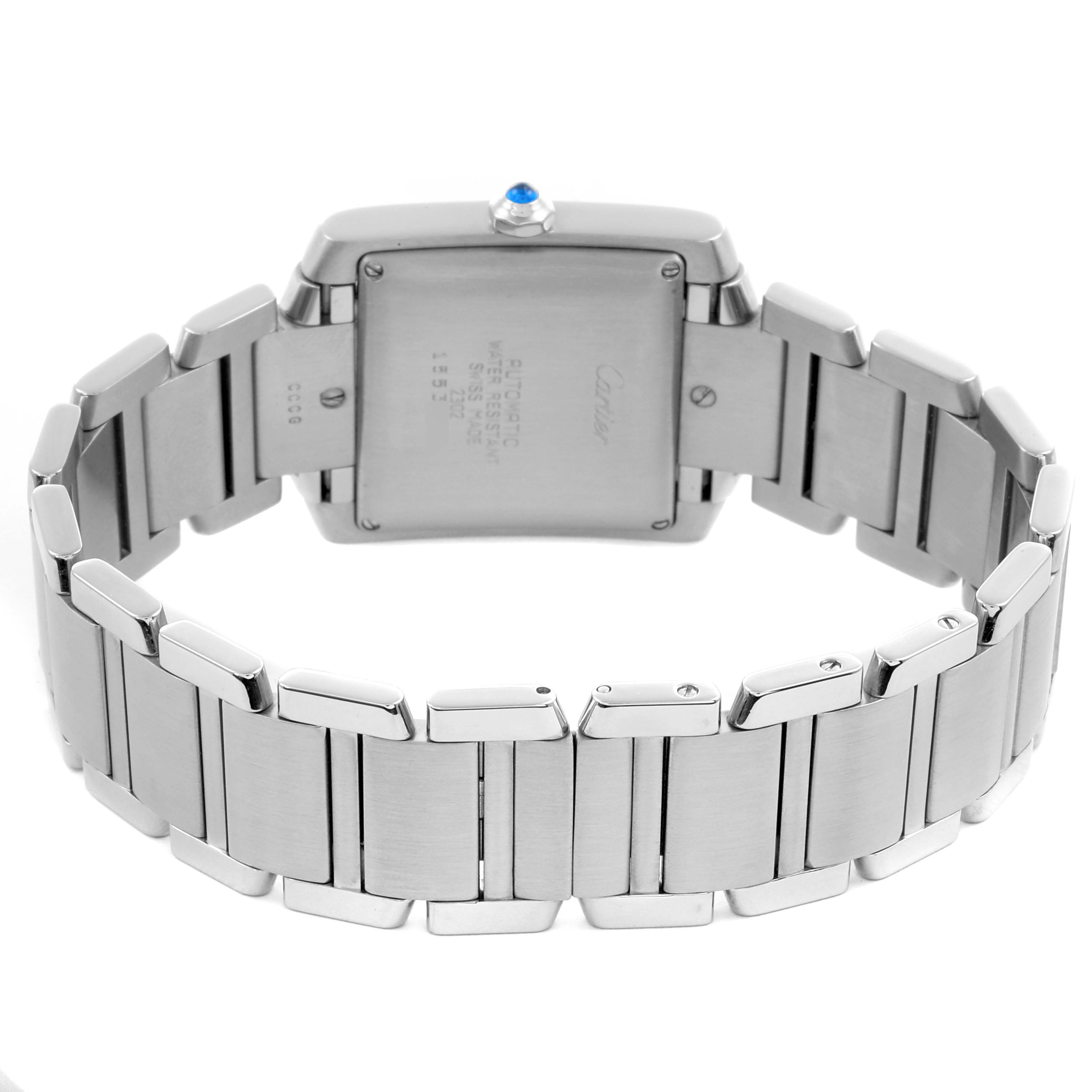 The Cartier Tank Francaise W51002Q3 Men
s Stainless Steel Silver Dial W51002Q3 Men
s Stainless Steel Silver Dial watch is shown from the back, highlighting its bracelet and case back.