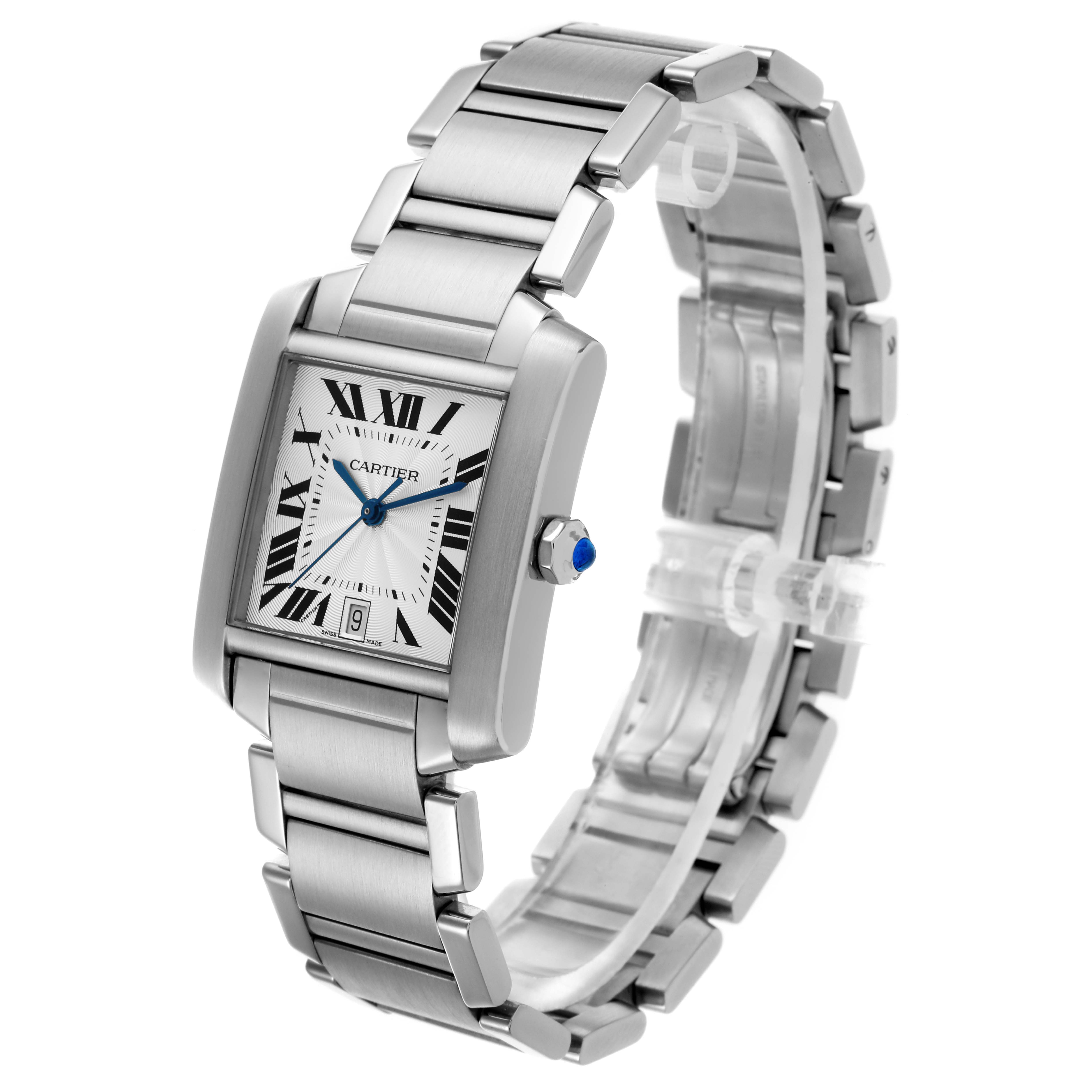 The Cartier Tank Française watch is shown at a three-quarter angle, displaying the dial, bracelet, and crown with blue cabochon.