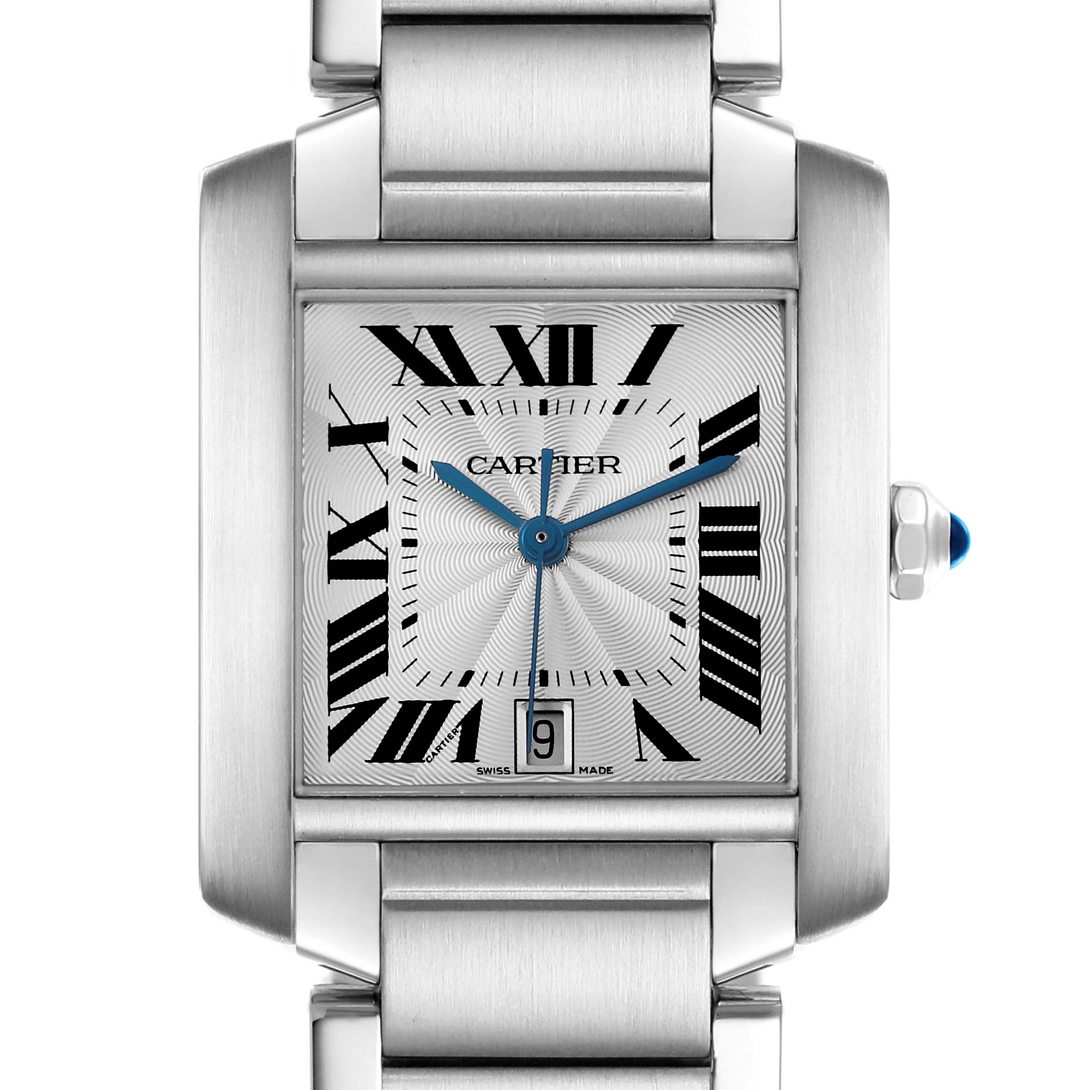 The Cartier Tank Française watch is shown from the front, highlighting the dial, case, and part of the bracelet.