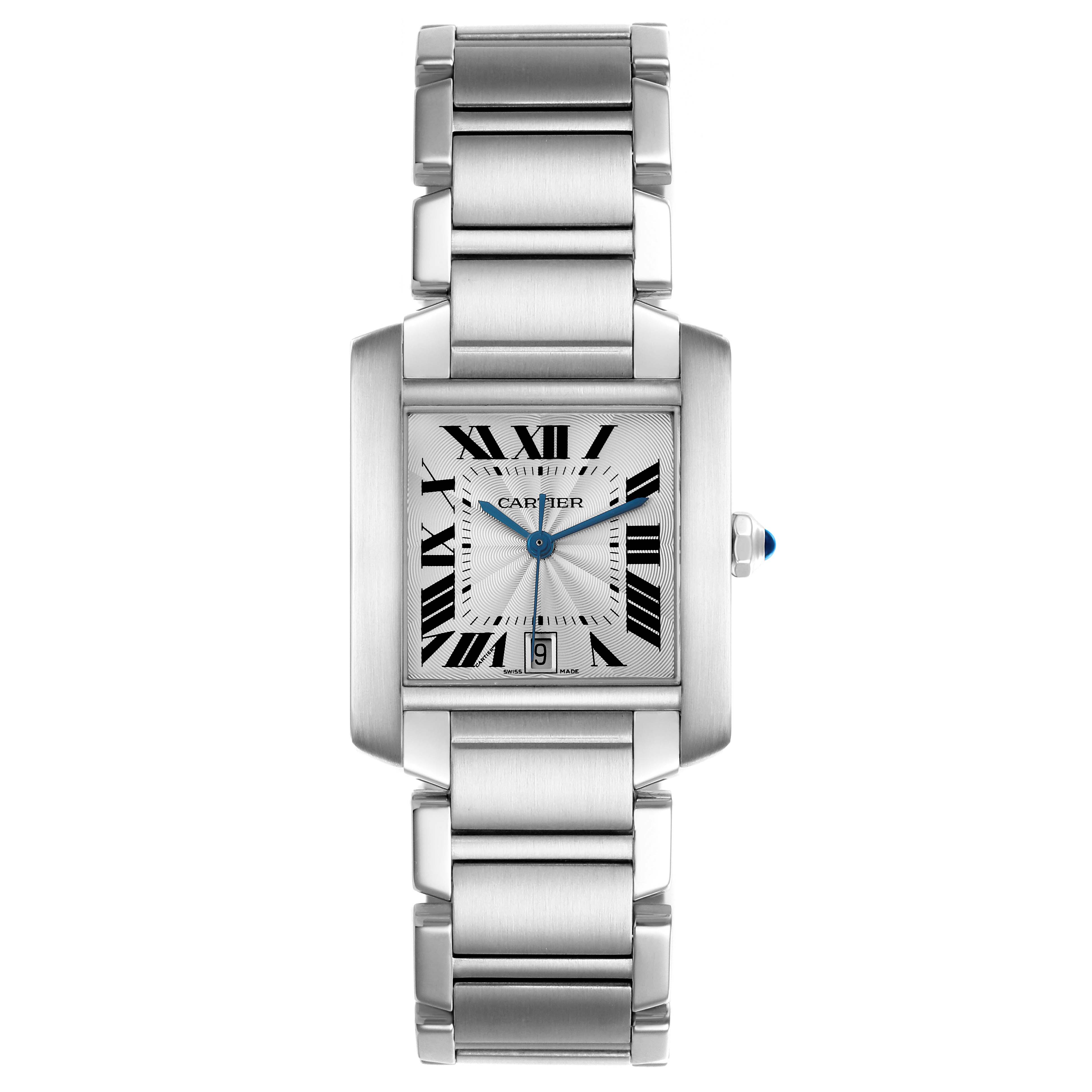 The Cartier Tank Française watch is shown from a front angle, highlighting its dial, Roman numerals, bracelet, and crown.