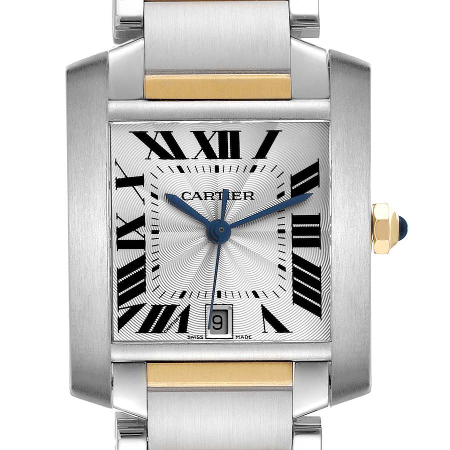 The Cartier Tank Francaise watch is shown from the front, highlighting the face, Roman numerals, hands, and a section of the band.