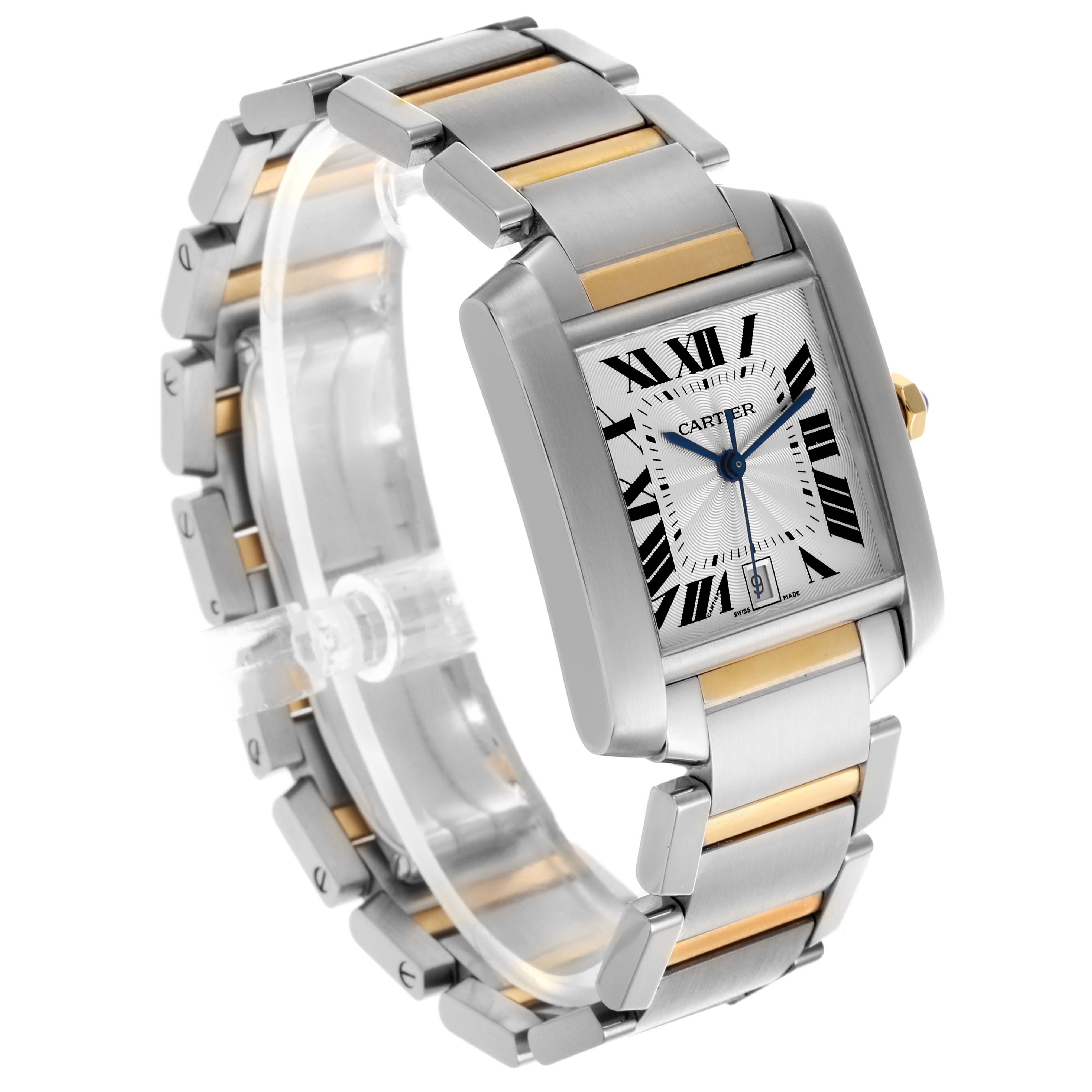 The Cartier Tank Francaise W51005Q4 Men's Steel and Gold (two tone) Silver Dial W51005Q4 Men's Steel and Gold (two tone) Silver Dial watch is shown at an angled side view, displaying the face, bezel, crown, and part of the bracelet.