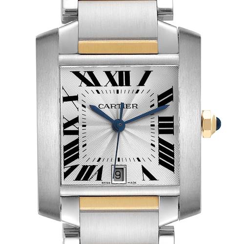 The Cartier Tank Francaise watch is shown from the front, highlighting the face, bezel, and part of the bracelet.