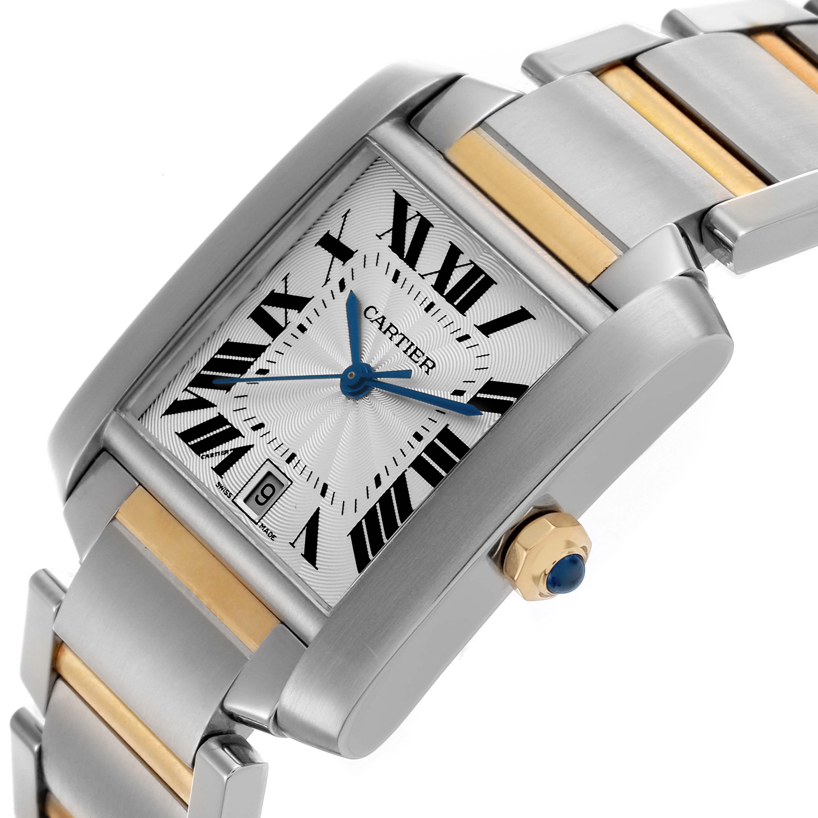 The Cartier Tank Française is shown at an angle with a view of its rectangular face, Roman numerals, and two-tone bracelet.