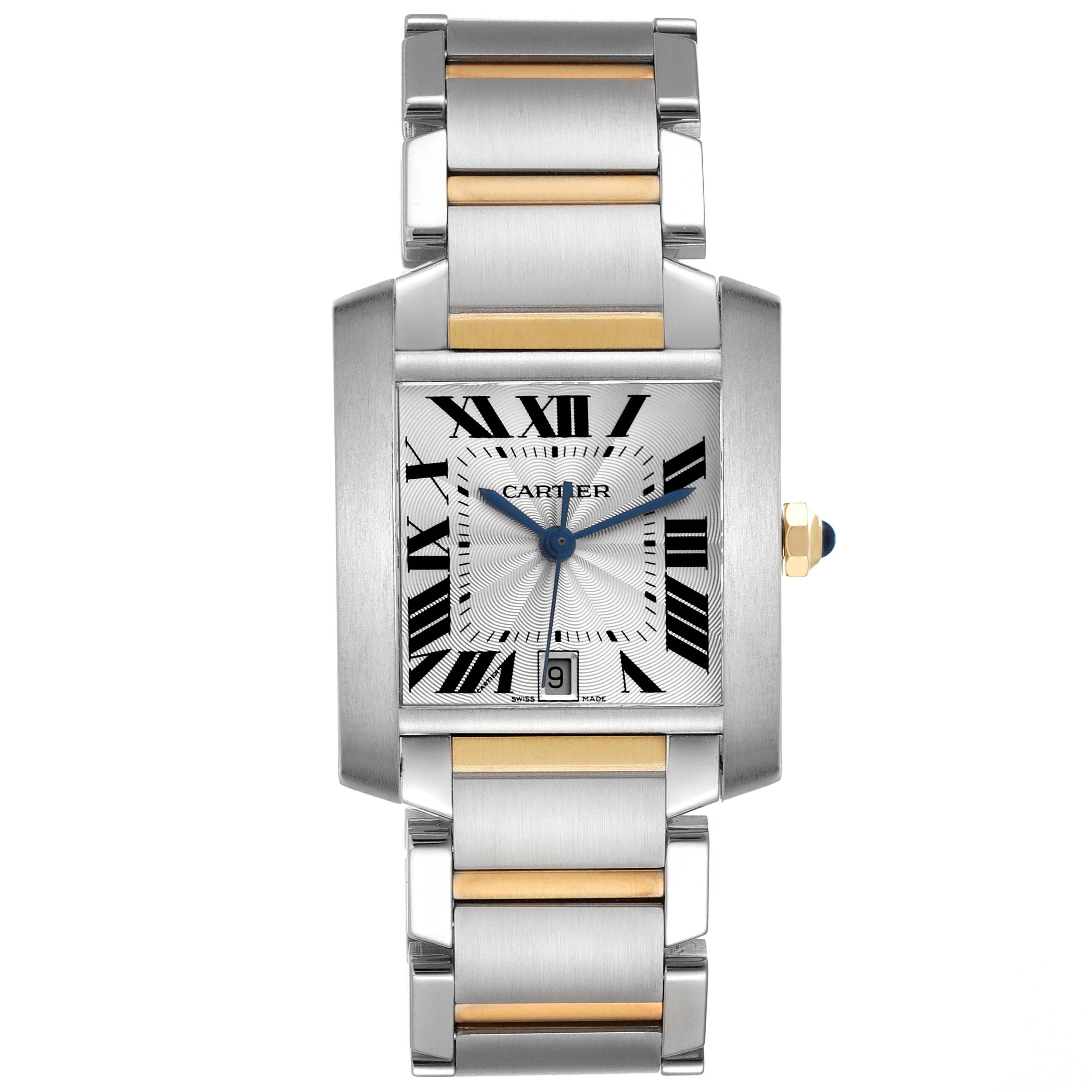The Cartier Tank Française watch is shown from the front, displaying its rectangular face, dial, and two-tone metal bracelet.