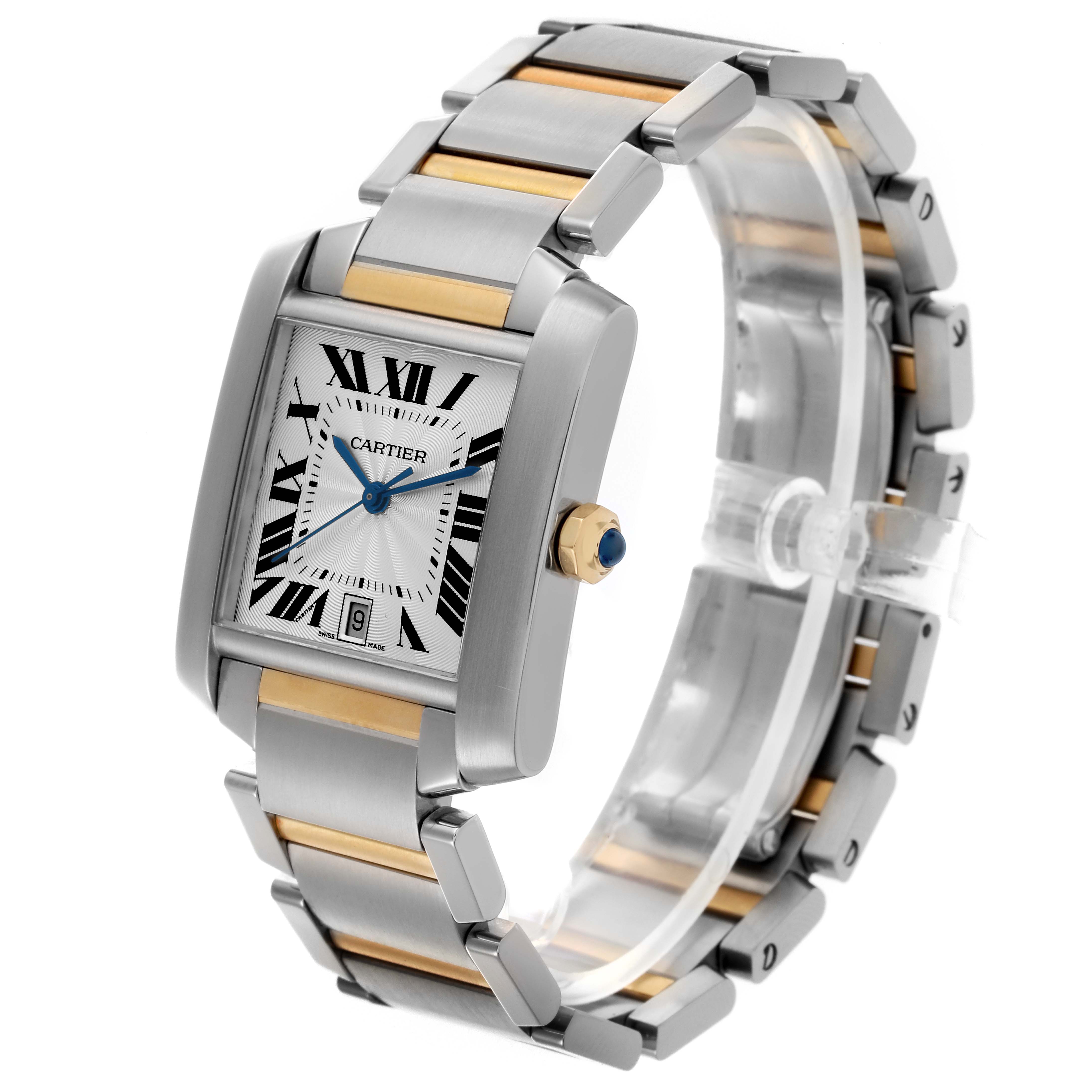 The Cartier Tank Francaise W51005Q4 Men's Steel and Gold (two tone) Silver Dial W51005Q4 Men's Steel and Gold (two tone) Silver Dial watch is shown at a slight angle, displaying the face, crown, and bracelet clearly.