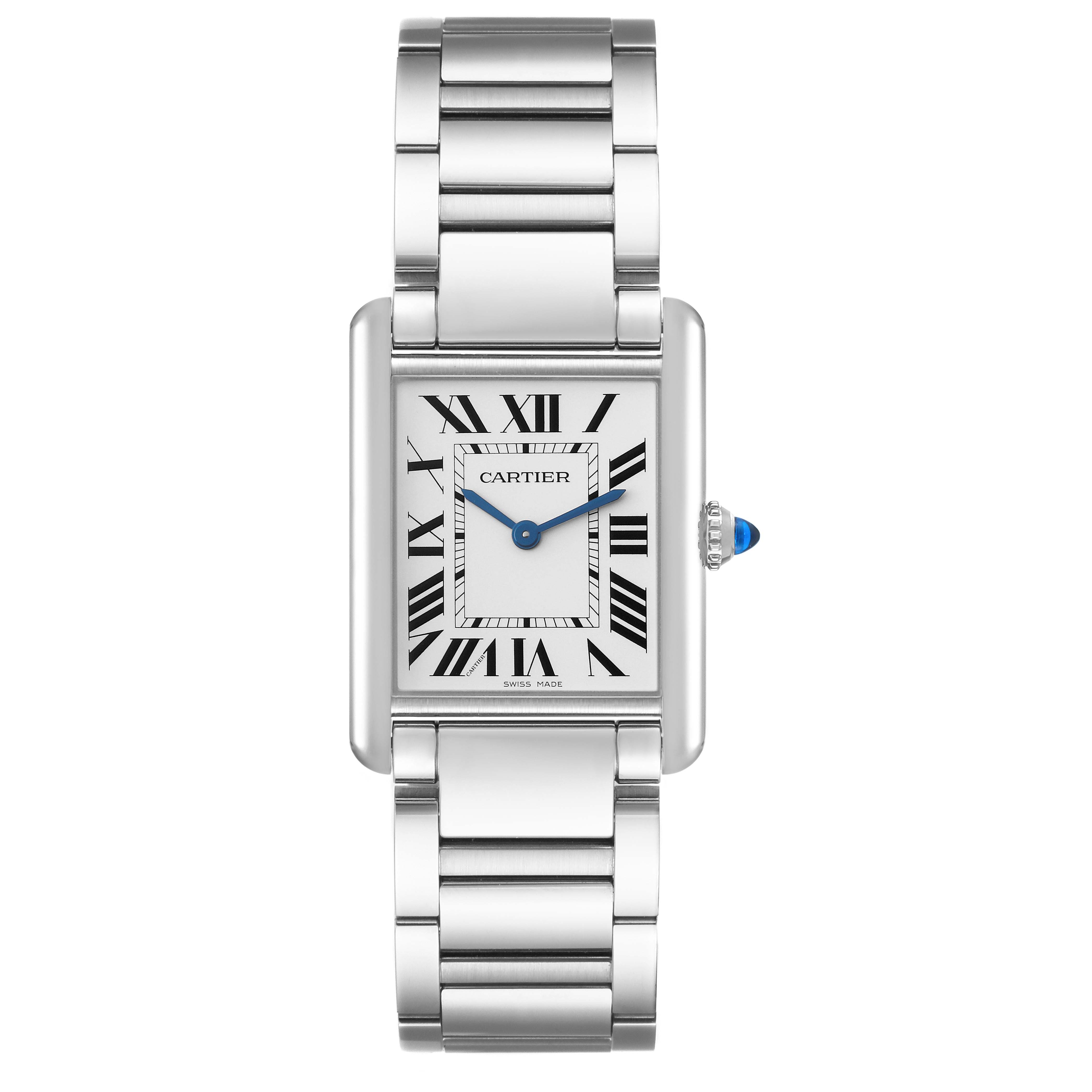 The image shows a frontal view of a Cartier Tank Must WSTA0052 Women's Stainless Steel Silver Dial WSTA0052 Women's Stainless Steel Silver Dial watch, including its rectangular case, Roman numeral dial, blue hands, and metal bracelet.