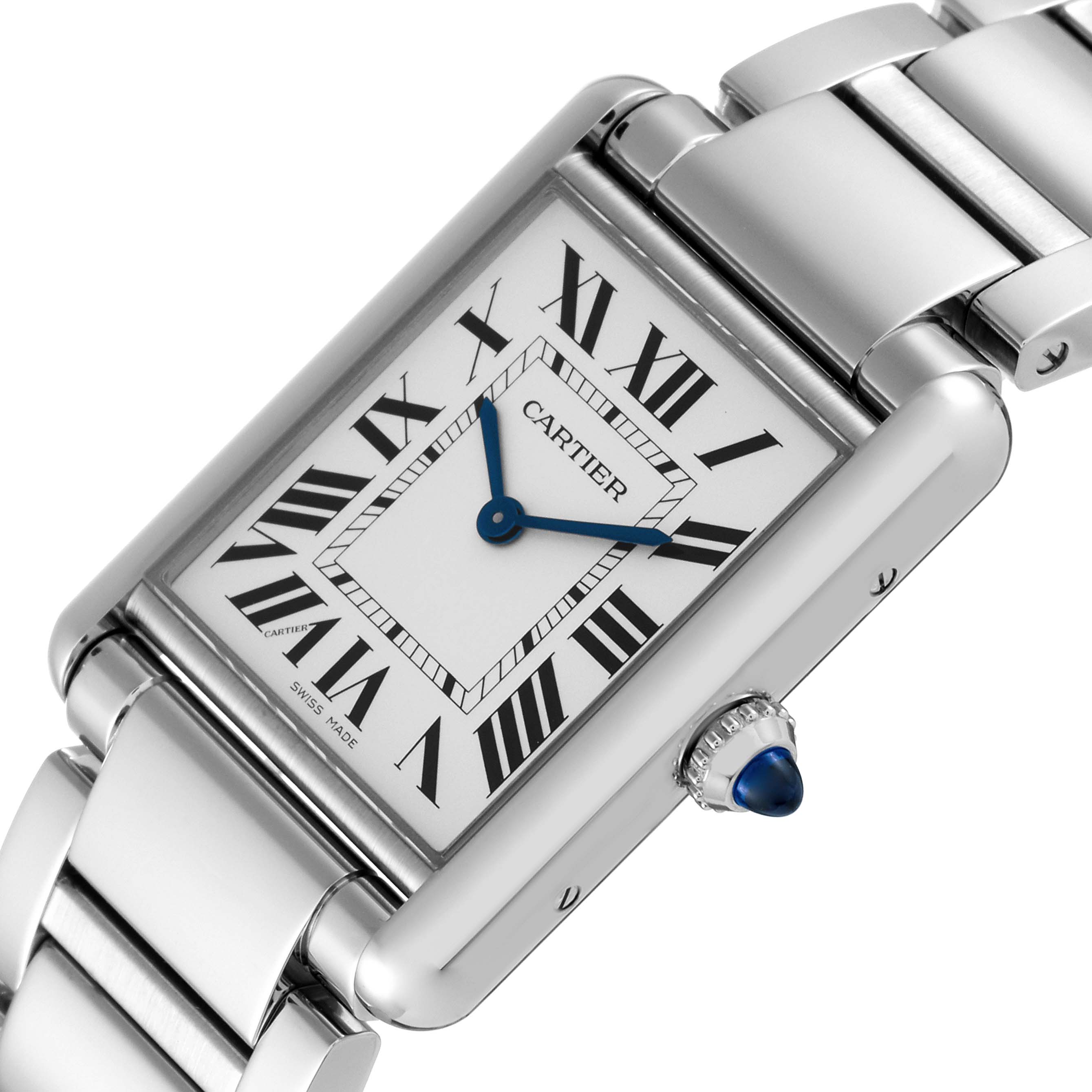 The image displays a close-up of the Cartier Tank Must WSTA0052 Women's Stainless Steel Silver Dial WSTA0052 Women's Stainless Steel Silver Dial watch face and part of the metal bracelet.