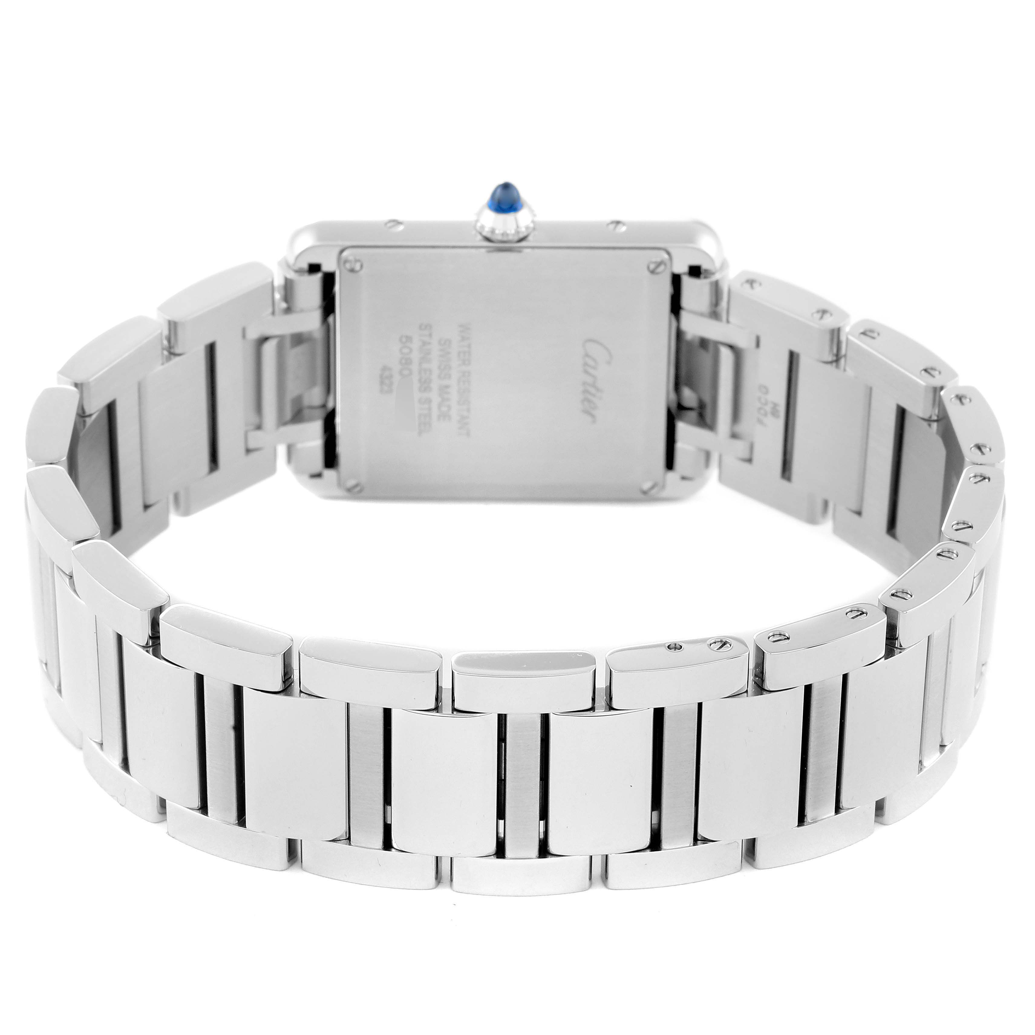 The image shows the back view of a Cartier Tank Must WSTA0052 Women's Stainless Steel Silver Dial WSTA0052 Women's Stainless Steel Silver Dial watch, highlighting its stainless steel case and bracelet.