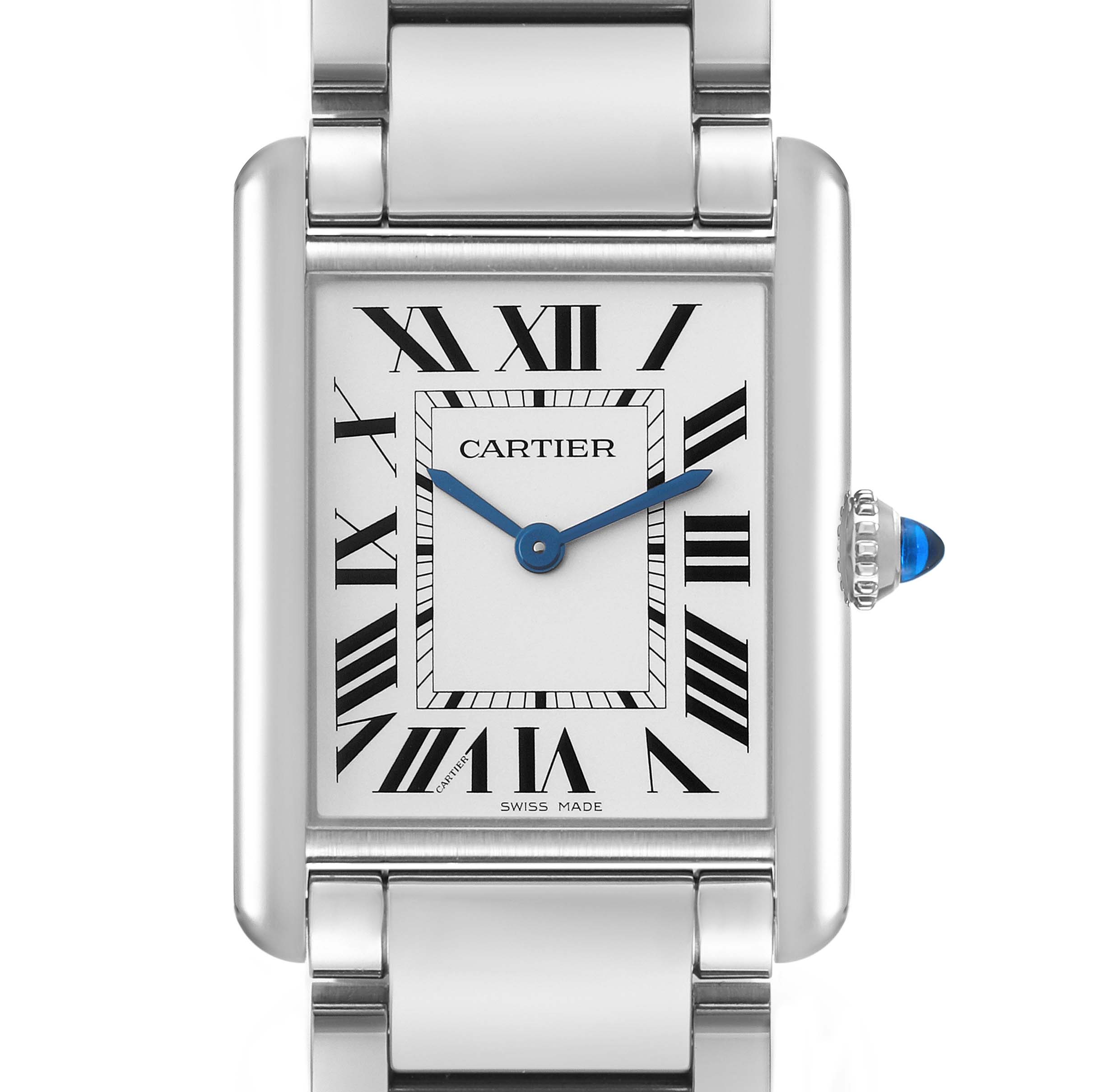 This image shows a close-up of the face and bracelet of a Cartier Tank Must WSTA0052 Women's Stainless Steel Silver Dial WSTA0052 Women's Stainless Steel Silver Dial watch, displaying Roman numerals and blue steel hands.